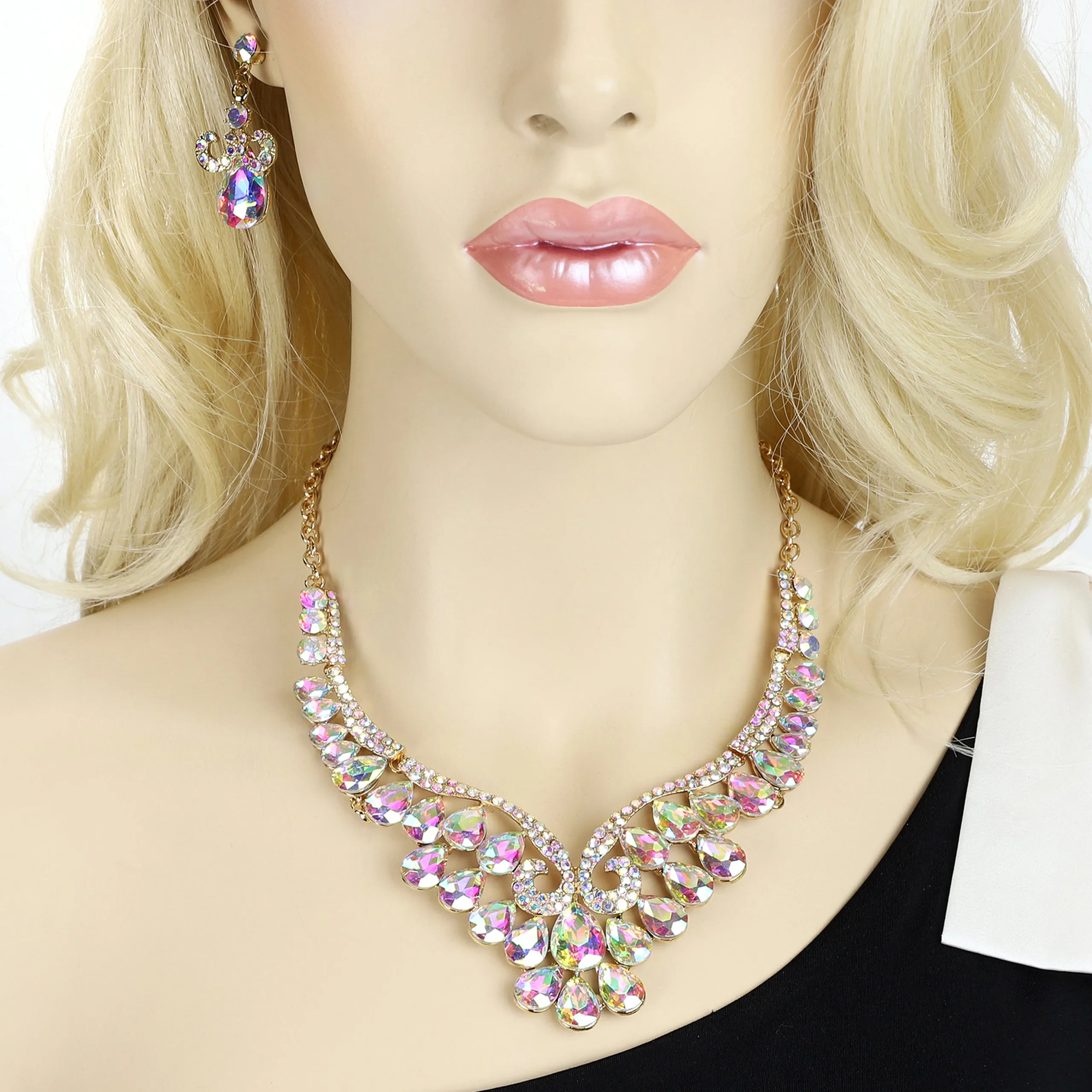 Gaia Teardrop Rhinestone Necklace & Earring Set - Iridescent