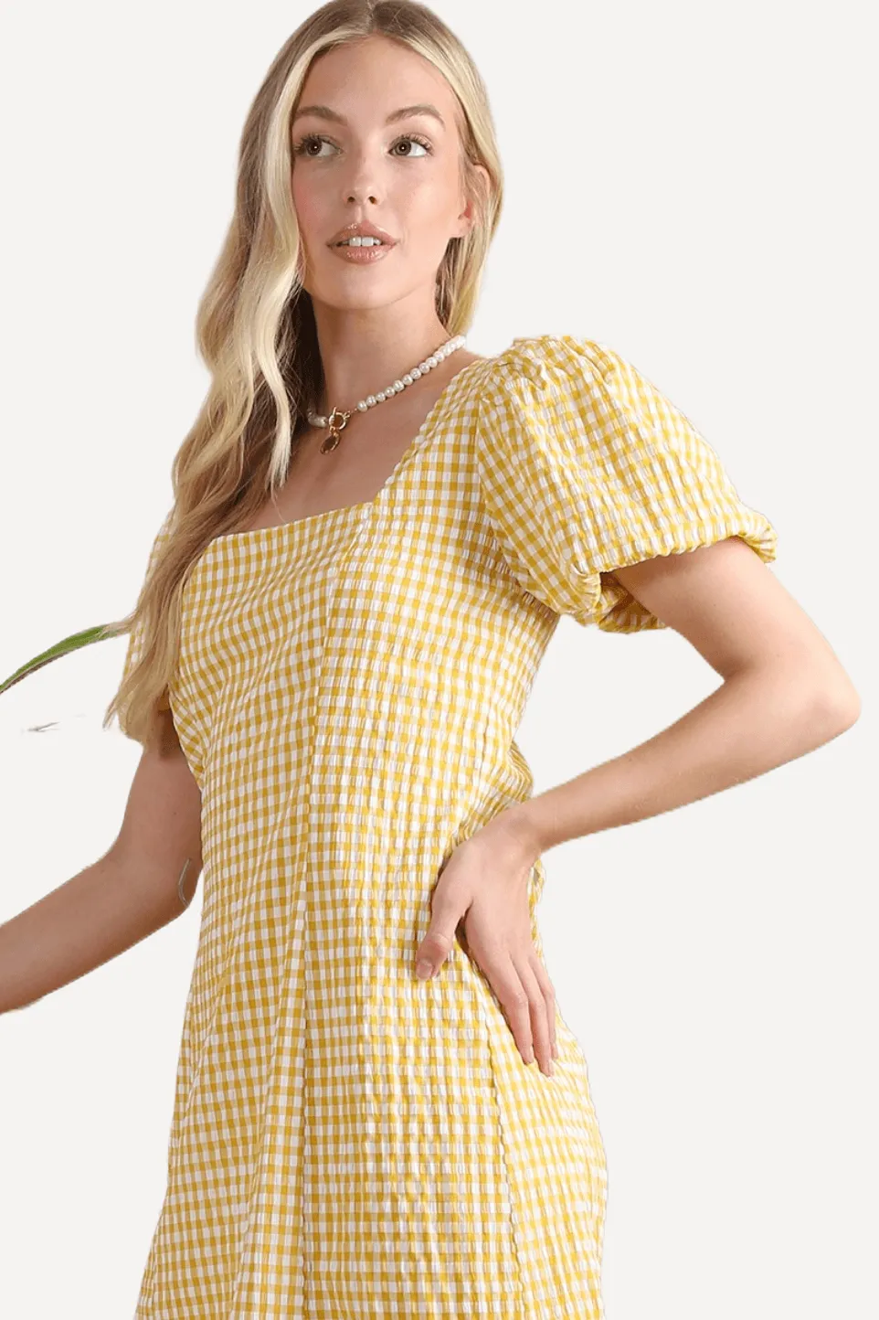 Gingham Puff Sleeves Mini Dress in Yellow