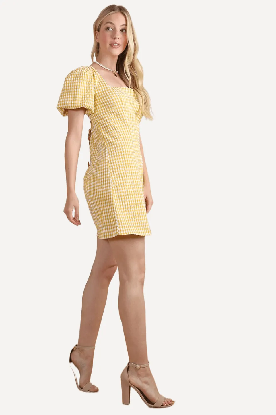 Gingham Puff Sleeves Mini Dress in Yellow