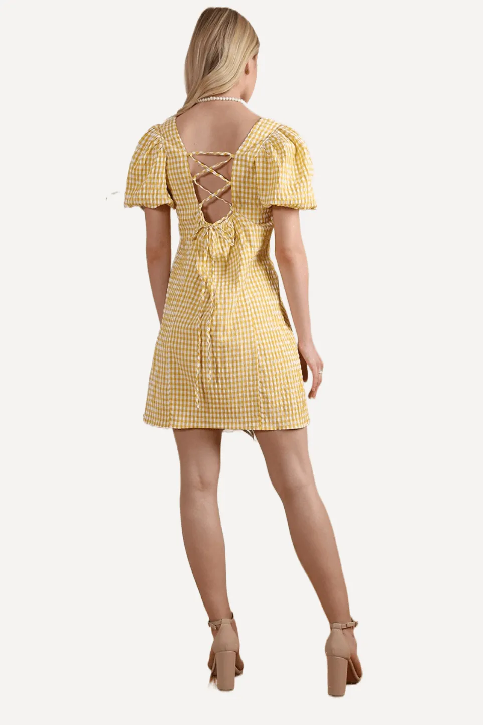 Gingham Puff Sleeves Mini Dress in Yellow