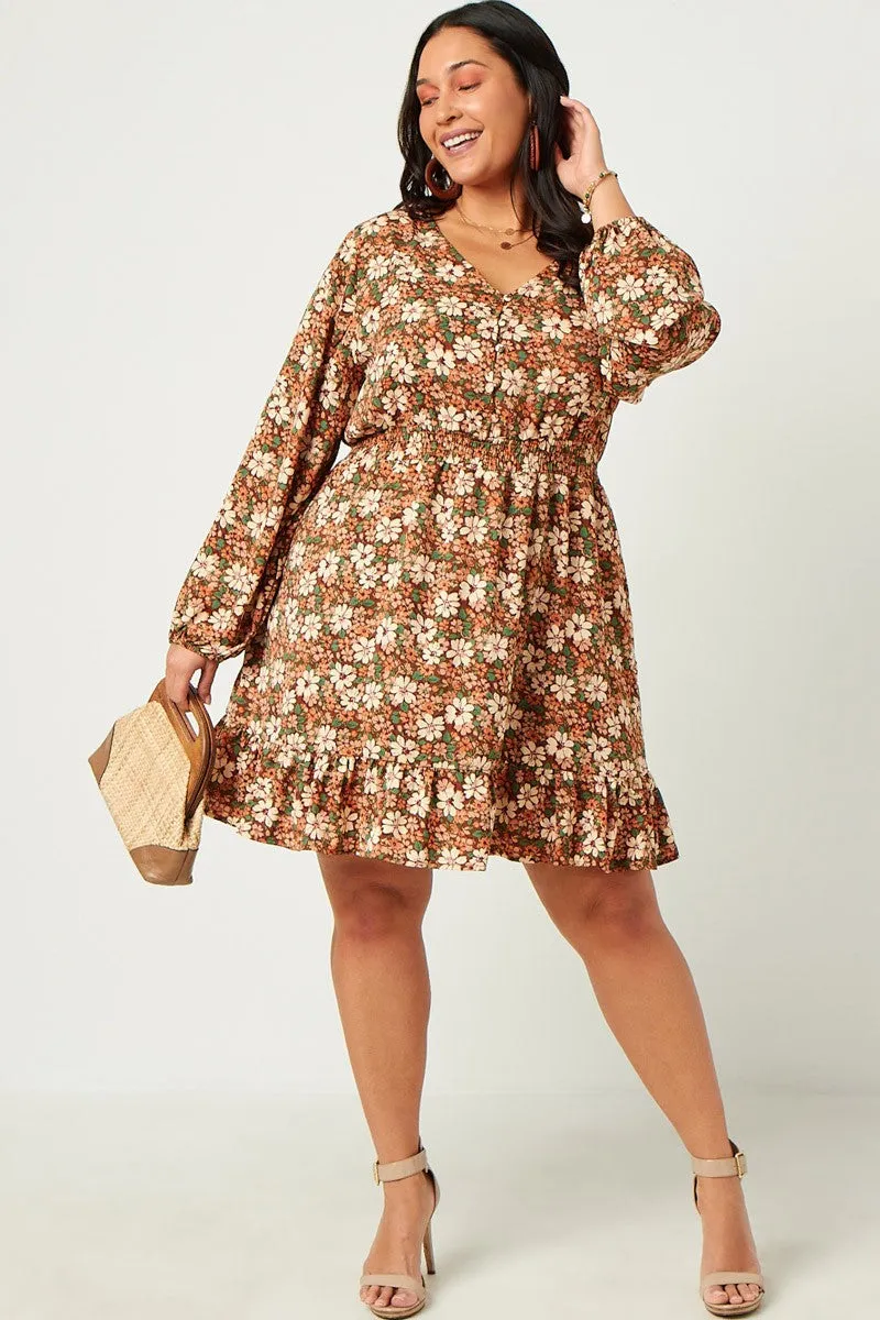 Hayden Floral Print Smocked Waist Button Detail Dress