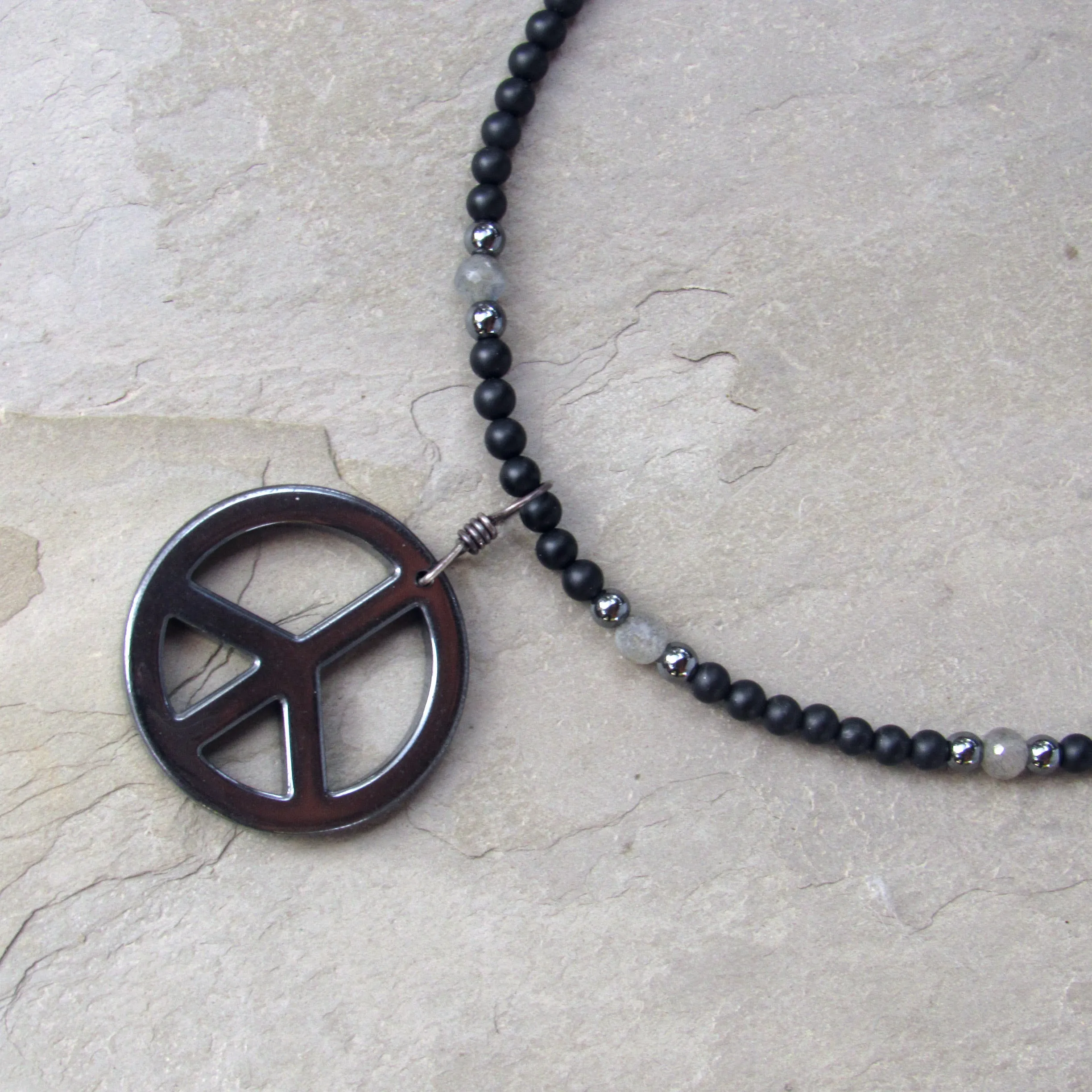 Hematite Peace Pendant, Hand Wrapped w/ Oxidized Sterling Silver, Matte Black Onyx, and Labradorite Men’s Necklace