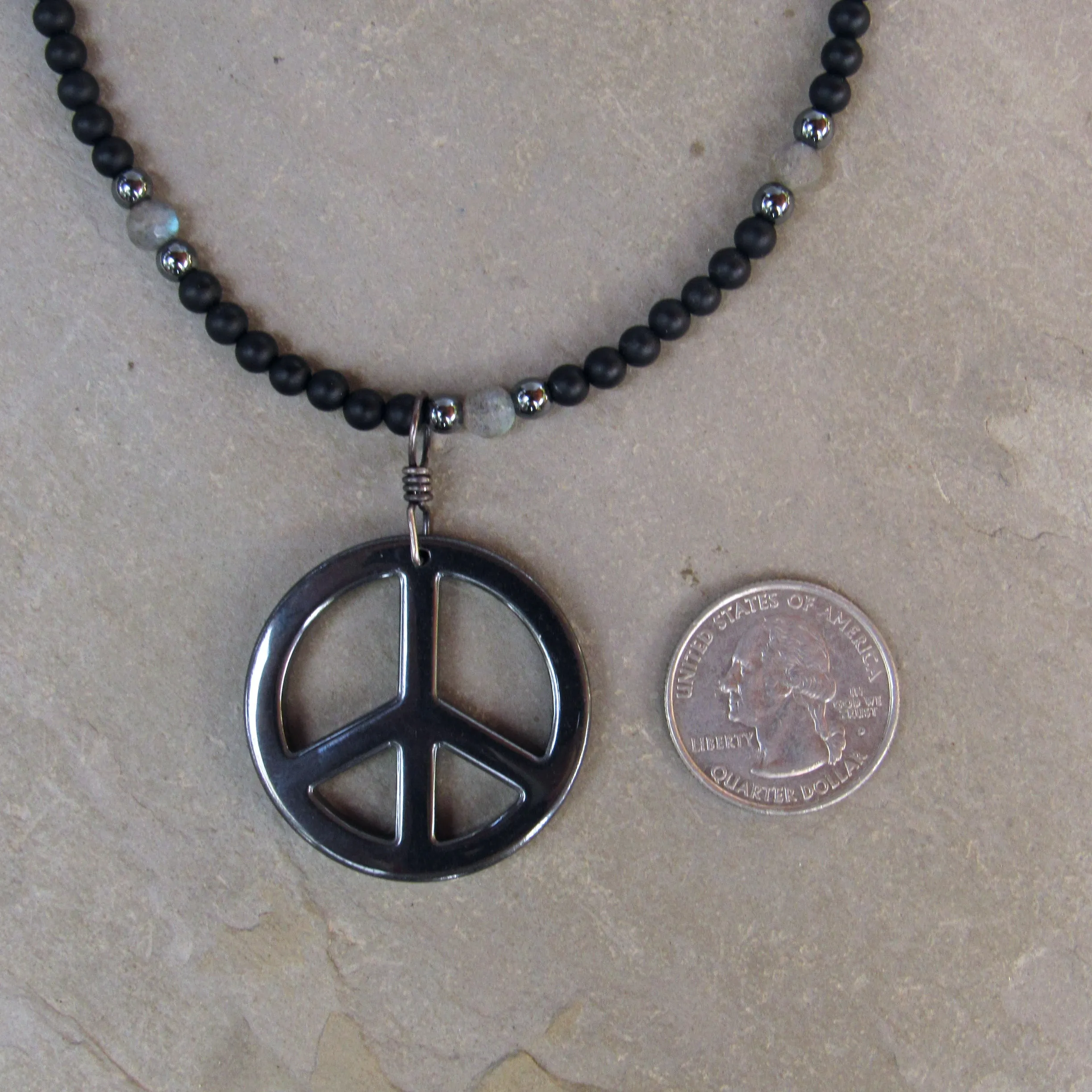 Hematite Peace Pendant, Hand Wrapped w/ Oxidized Sterling Silver, Matte Black Onyx, and Labradorite Men’s Necklace