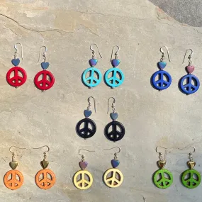 Howlite Peace Sign w/ Hematite Heart Drop Earrings in Choice of colors