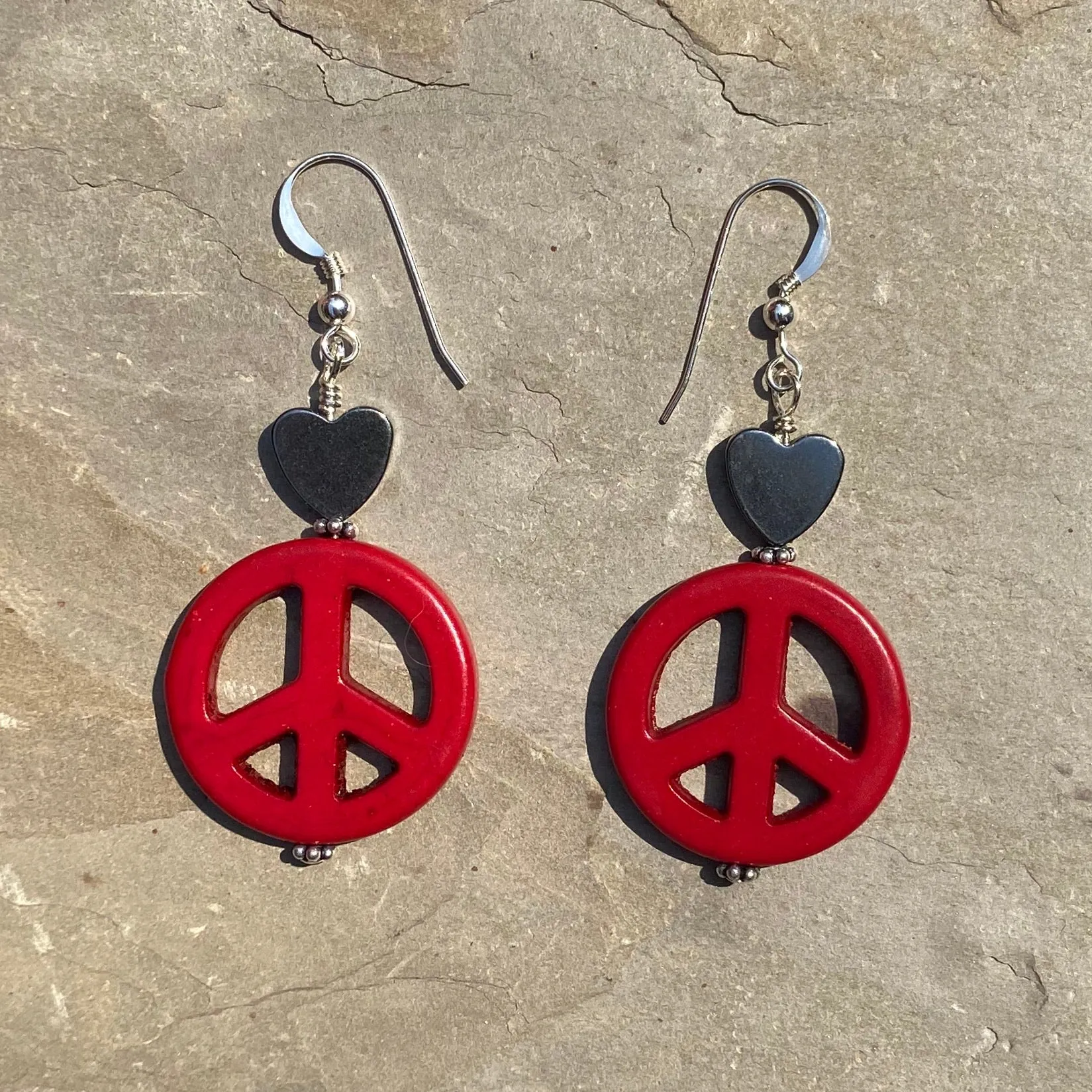 Howlite Peace Sign w/ Hematite Heart Drop Earrings in Choice of colors