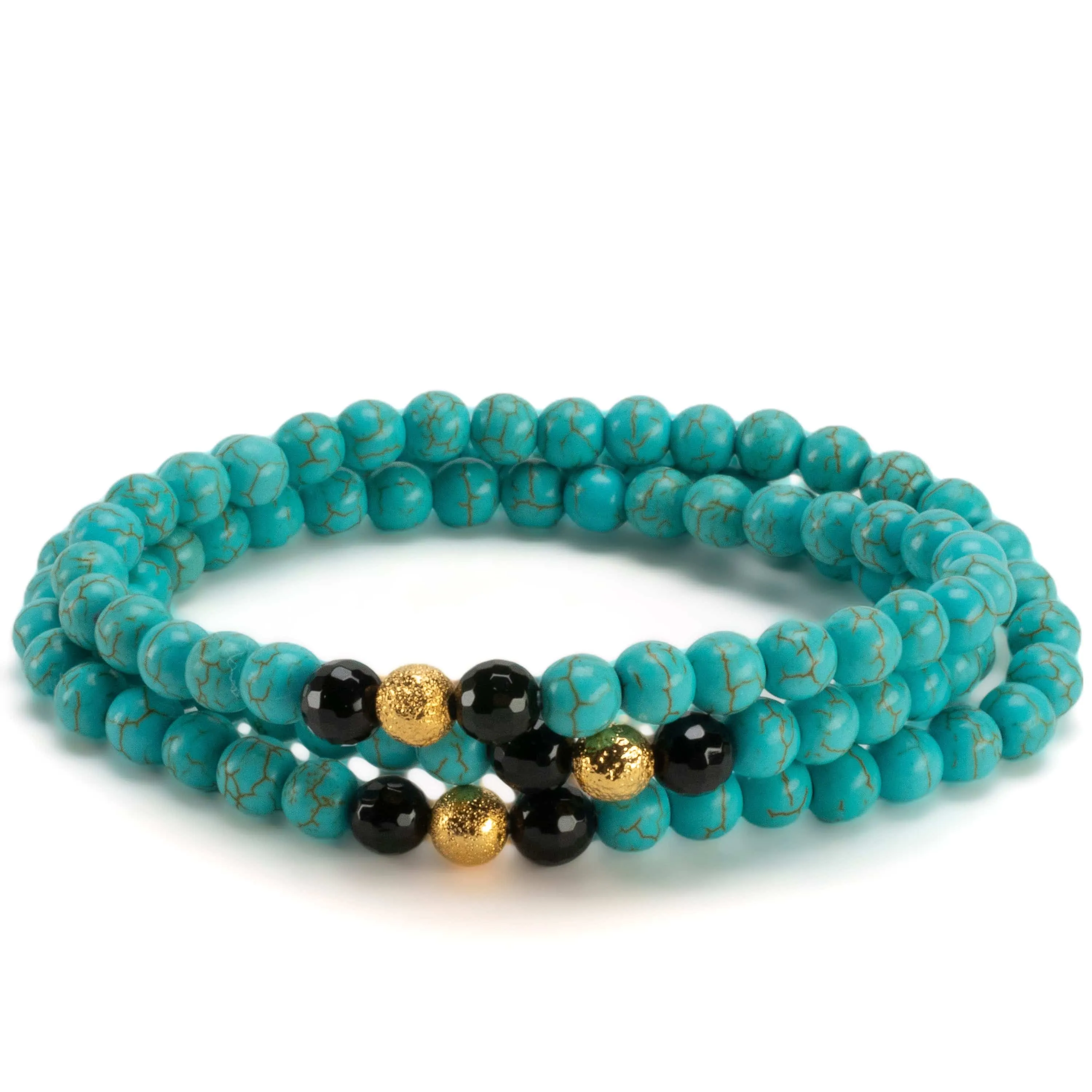 Howlite Turquoise 6mm Beads with Black Agate & Gold Sparkly Accent Beads Triple Wrap Gemstone Elastic Bracelet