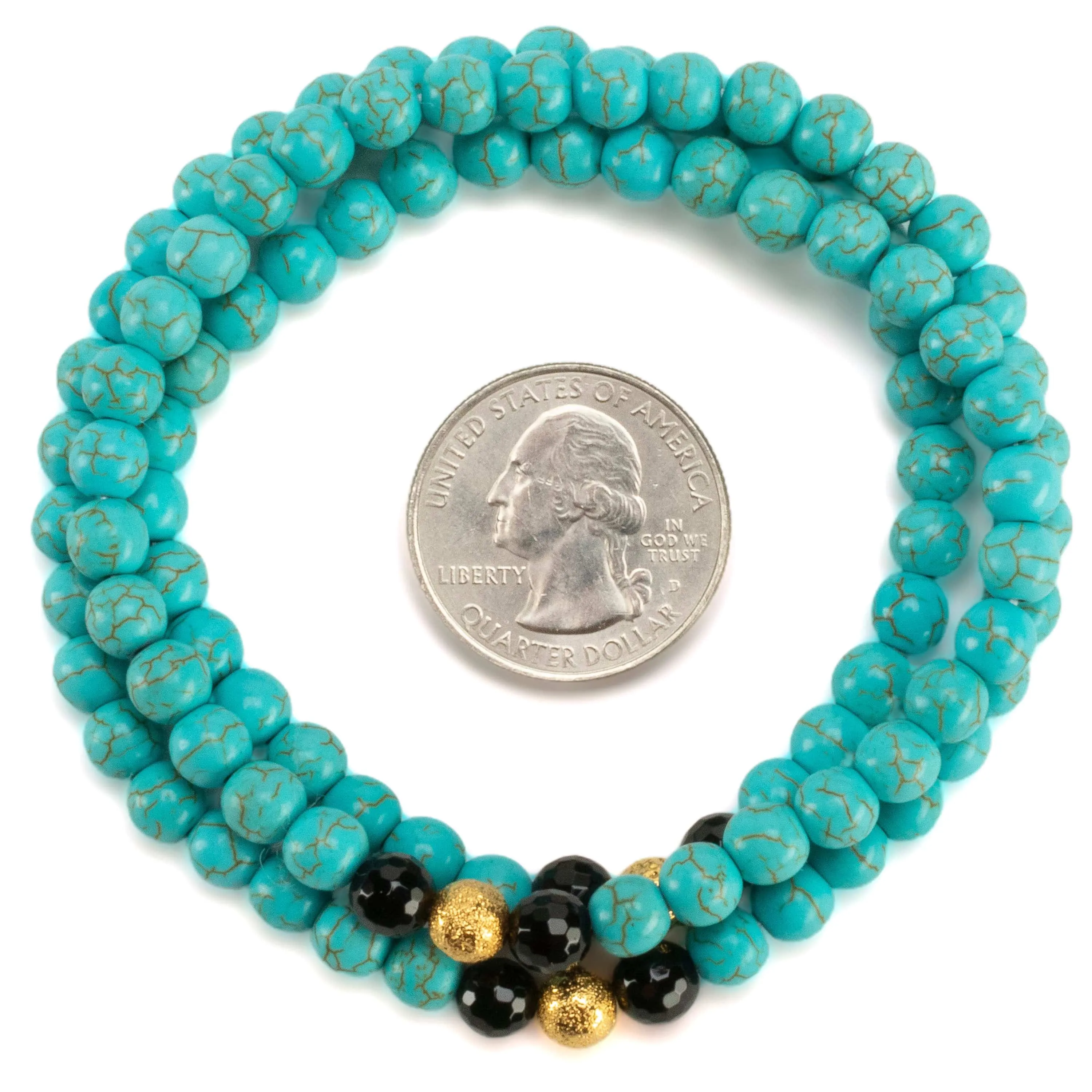 Howlite Turquoise 6mm Beads with Black Agate & Gold Sparkly Accent Beads Triple Wrap Gemstone Elastic Bracelet