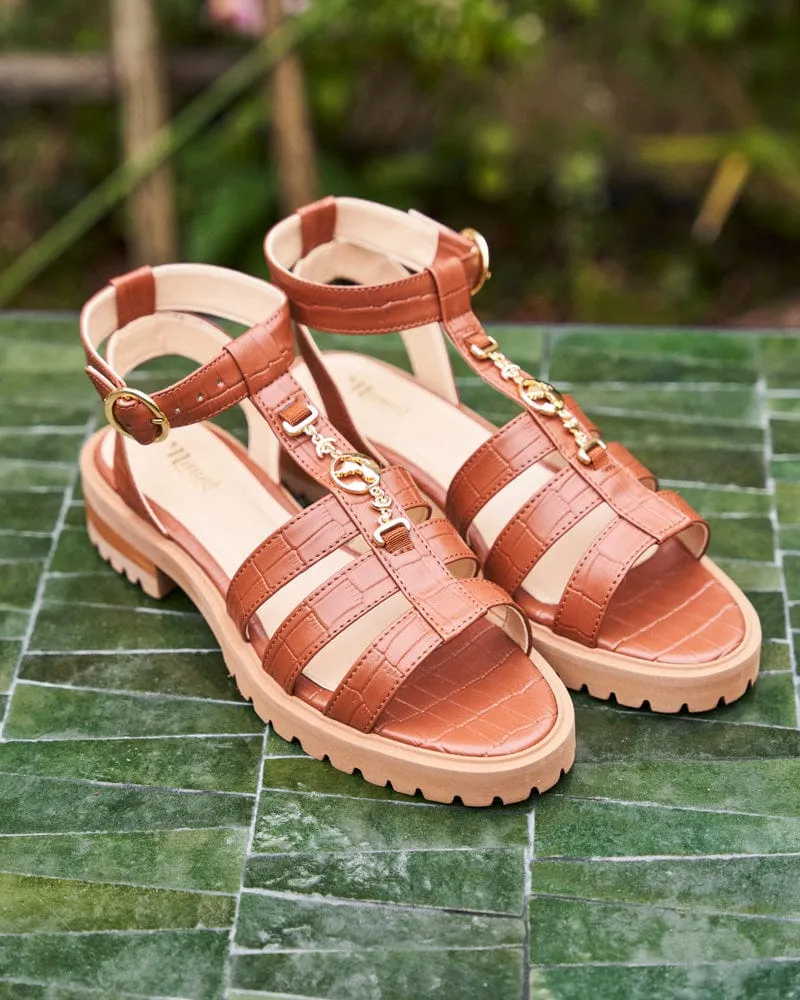 Hyacinth Vegan Leather Wide Strap Symbol Sandals | Camel Croco