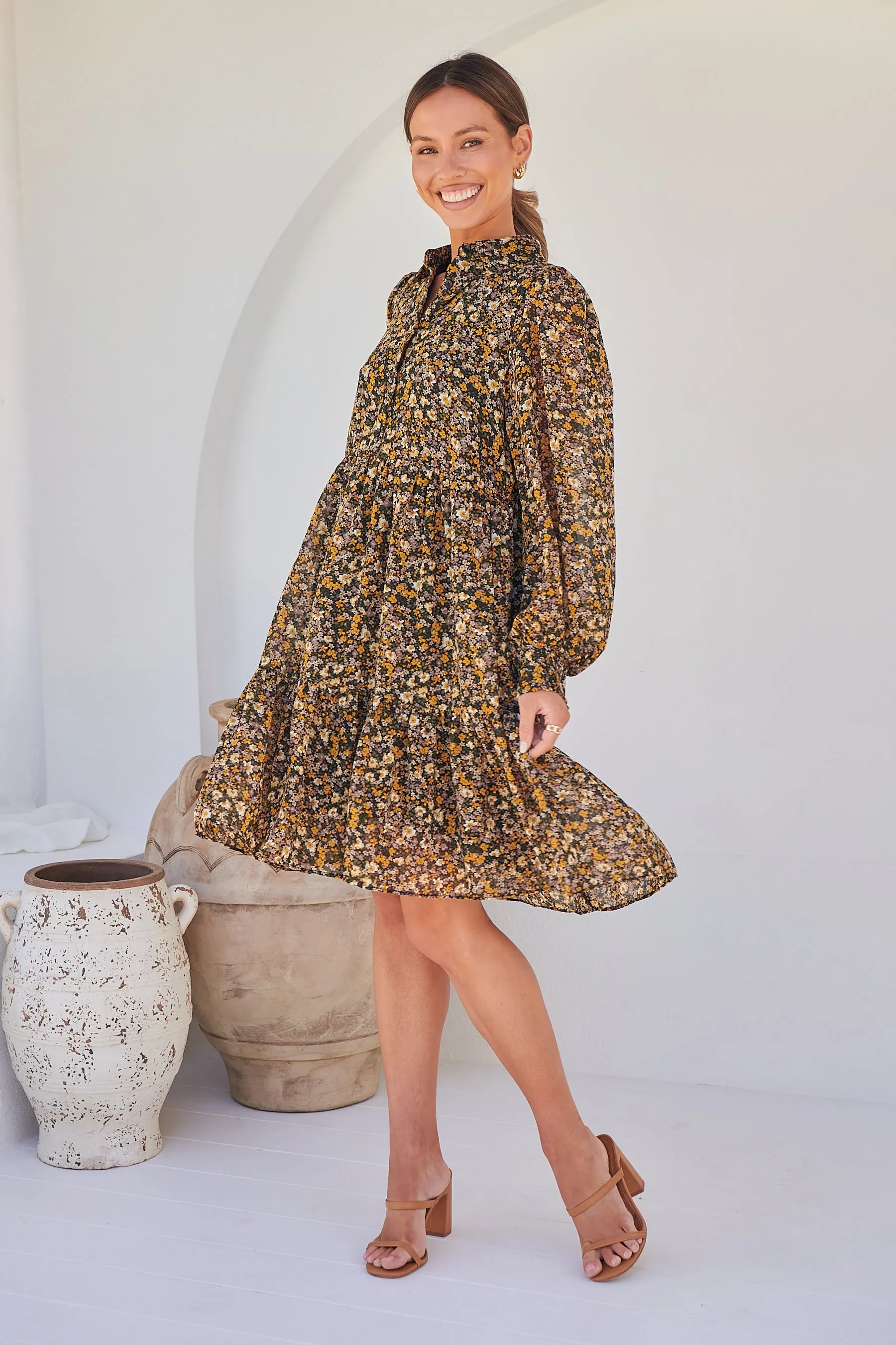 Jessie Floral Chiffon Long Sleeve Collared Dress