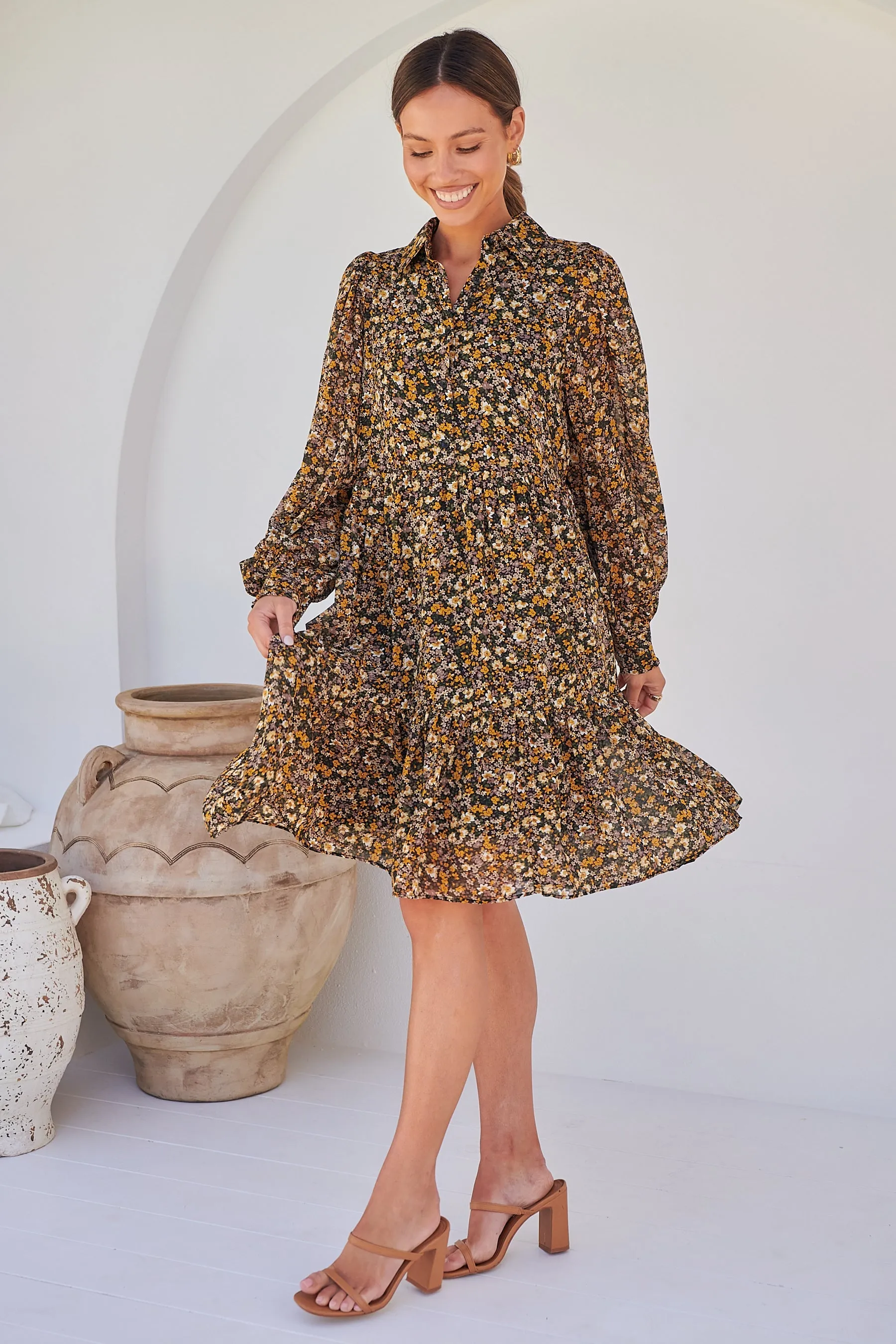 Jessie Floral Chiffon Long Sleeve Collared Dress