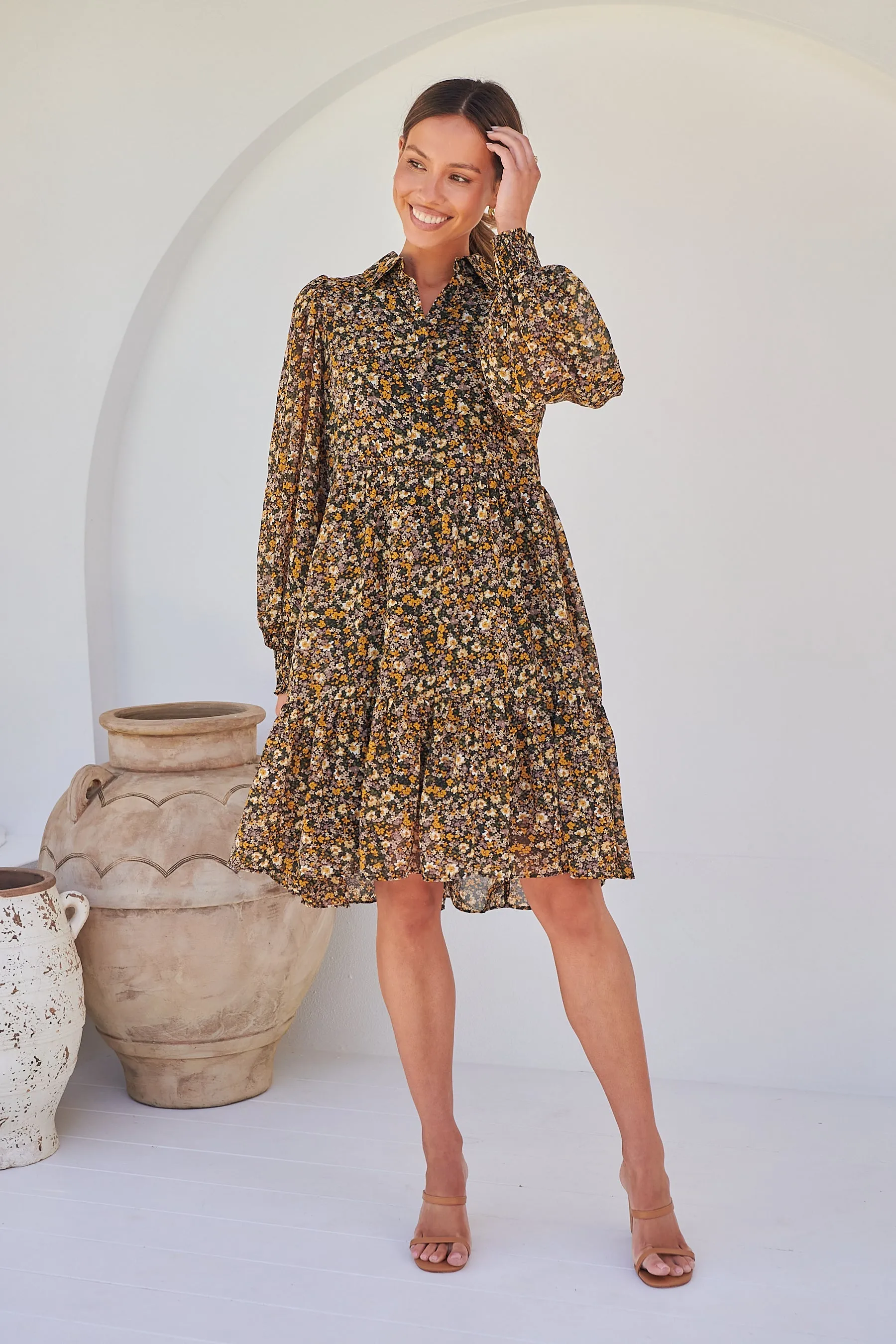 Jessie Floral Chiffon Long Sleeve Collared Dress