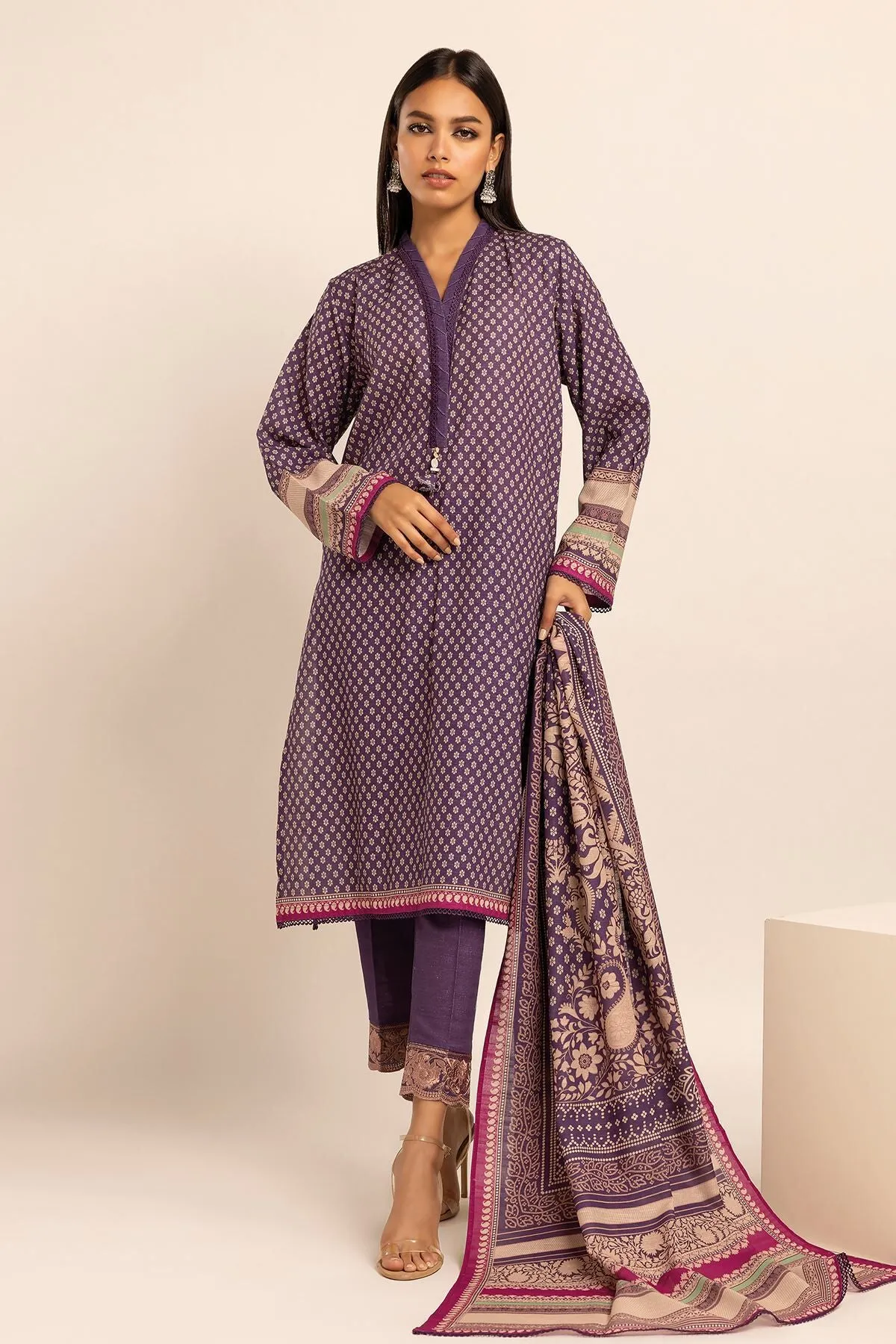 Khaadi Unstitched Embroidered Khaddar 3-Piece Suit - Purple