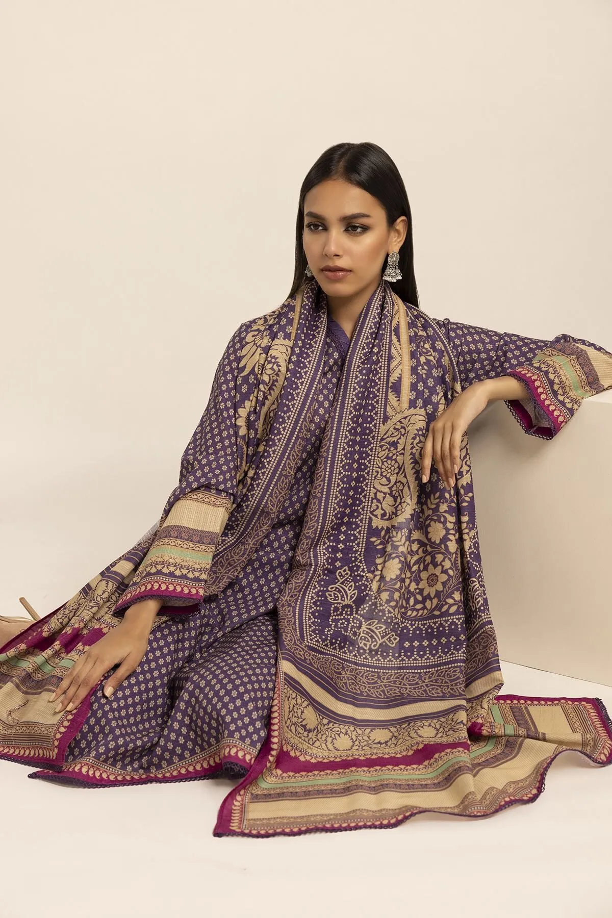 Khaadi Unstitched Embroidered Khaddar 3-Piece Suit - Purple