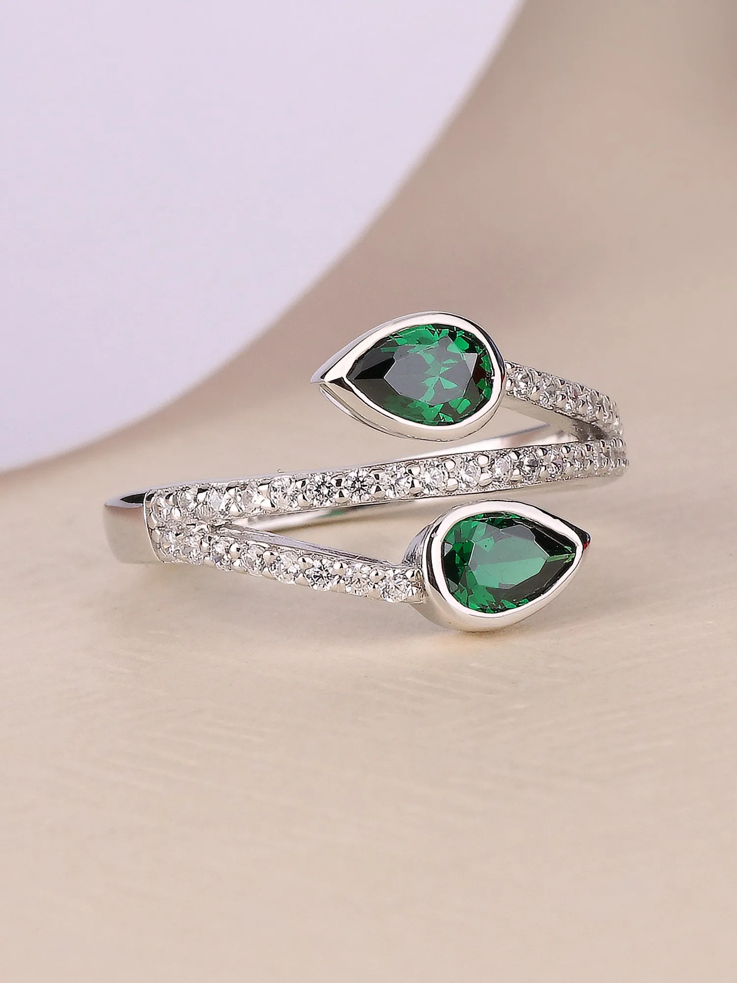 Leaf Design Emerald Silver Ring For Women