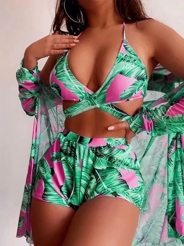 Leaves Print Three Pieces Bikini Set