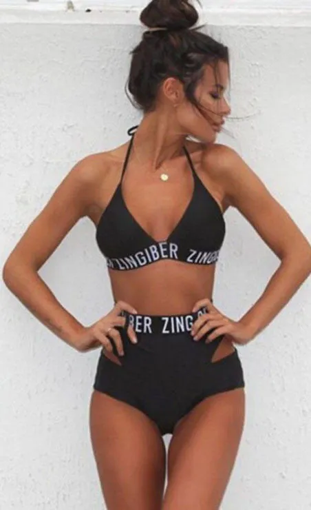 Letter Print High Waist Bikini Set