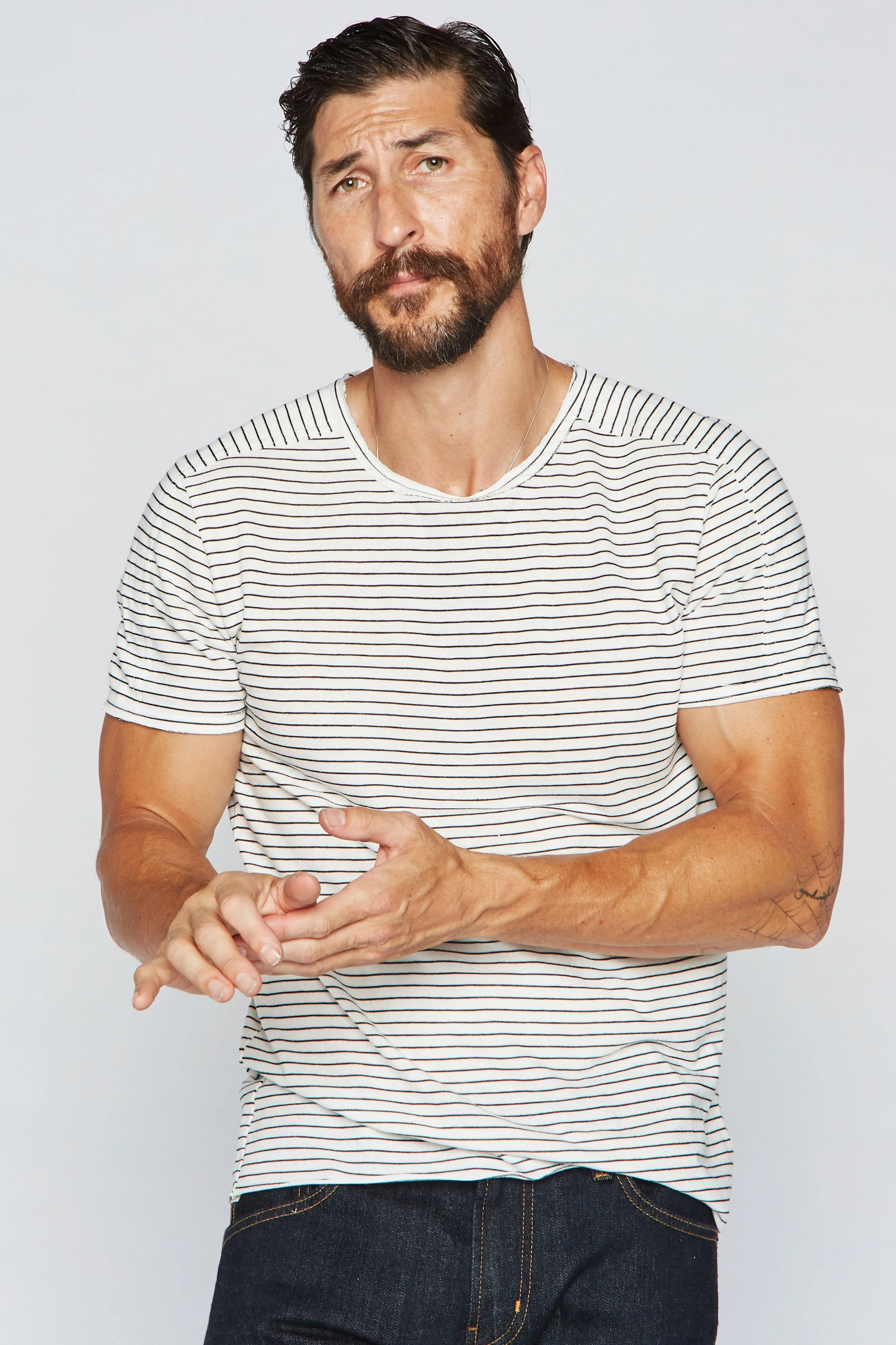 Men's Raw Edge Patch Sleeve Stripe Tee