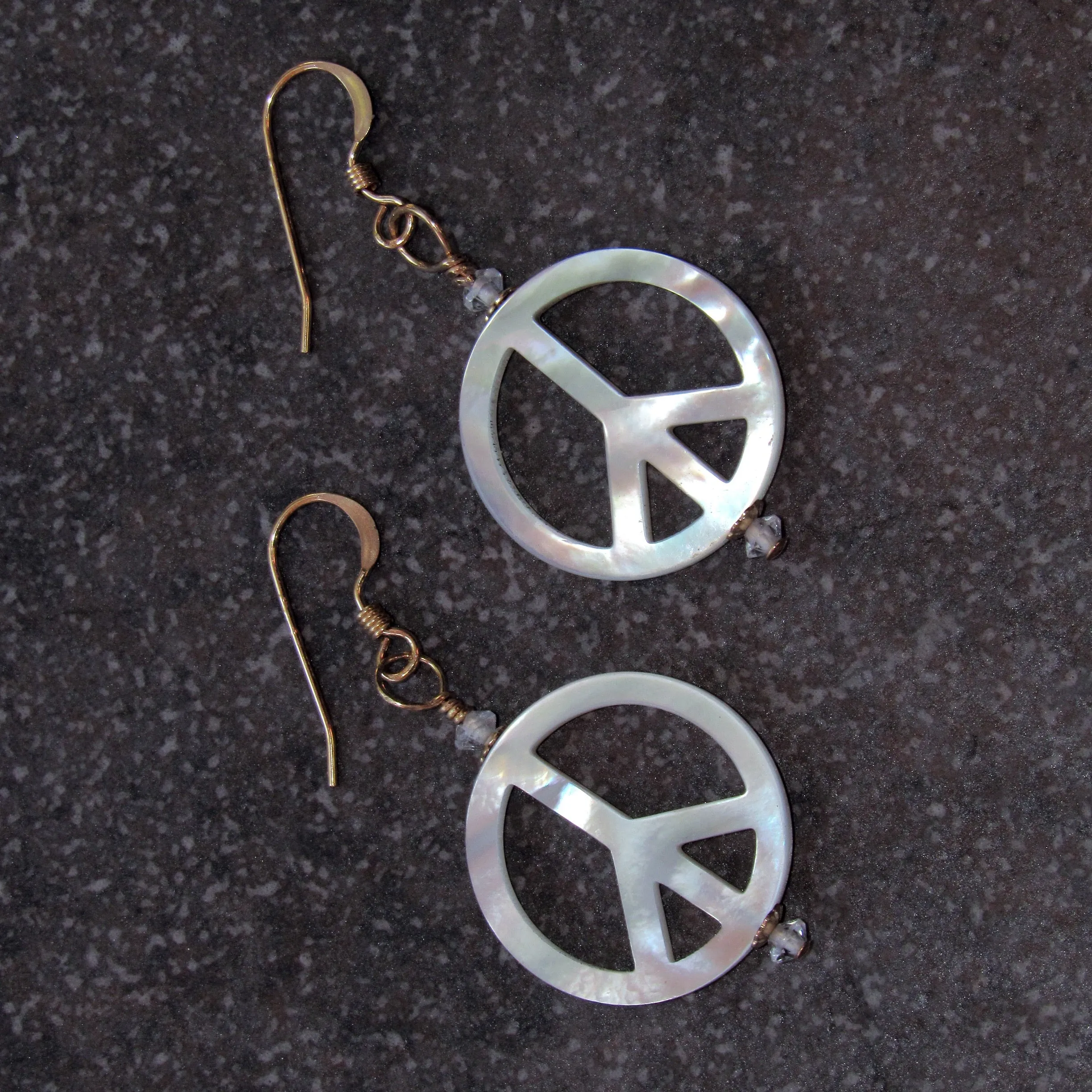 Mother of Pearl Peace Sign w/ White Topaz gemstone Drop Earrings