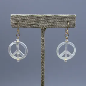 Mother of Pearl Peace Sign w/ White Topaz gemstone Drop Earrings