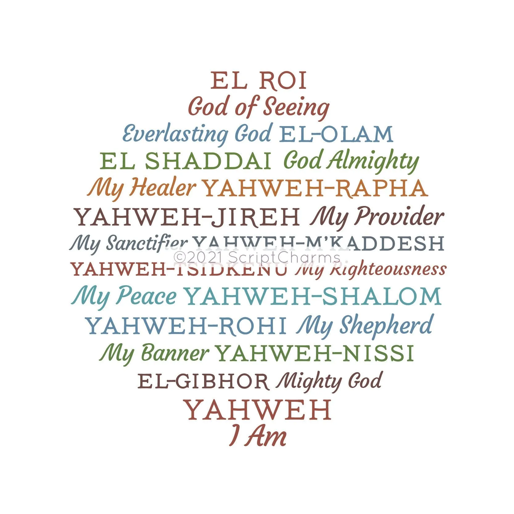 Names of GOD Color Pendant Necklace - YHWH, Yahweh-Rapha, El Shaddai, Yahweh-Jireh, Mighty God, Hebrew Religious Jewelry