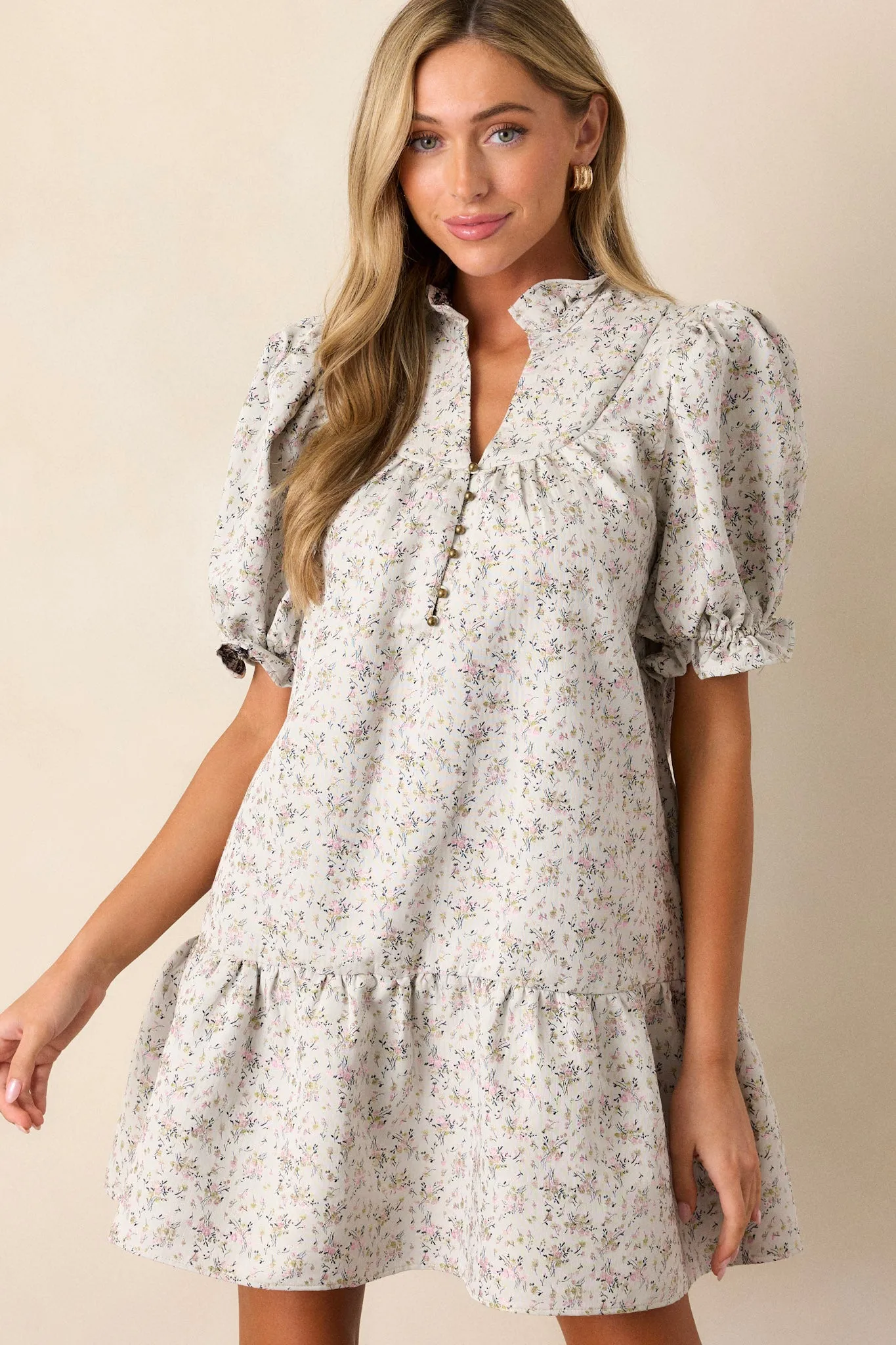 Open Path Almond Floral Puff Sleeve Mini Dress