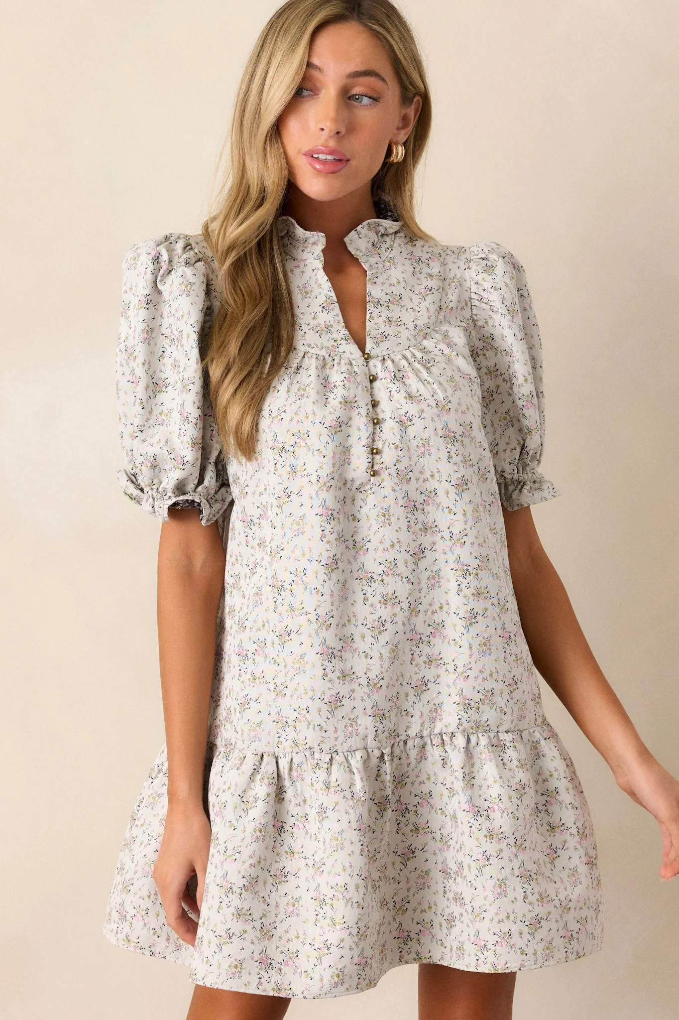 Open Path Almond Floral Puff Sleeve Mini Dress