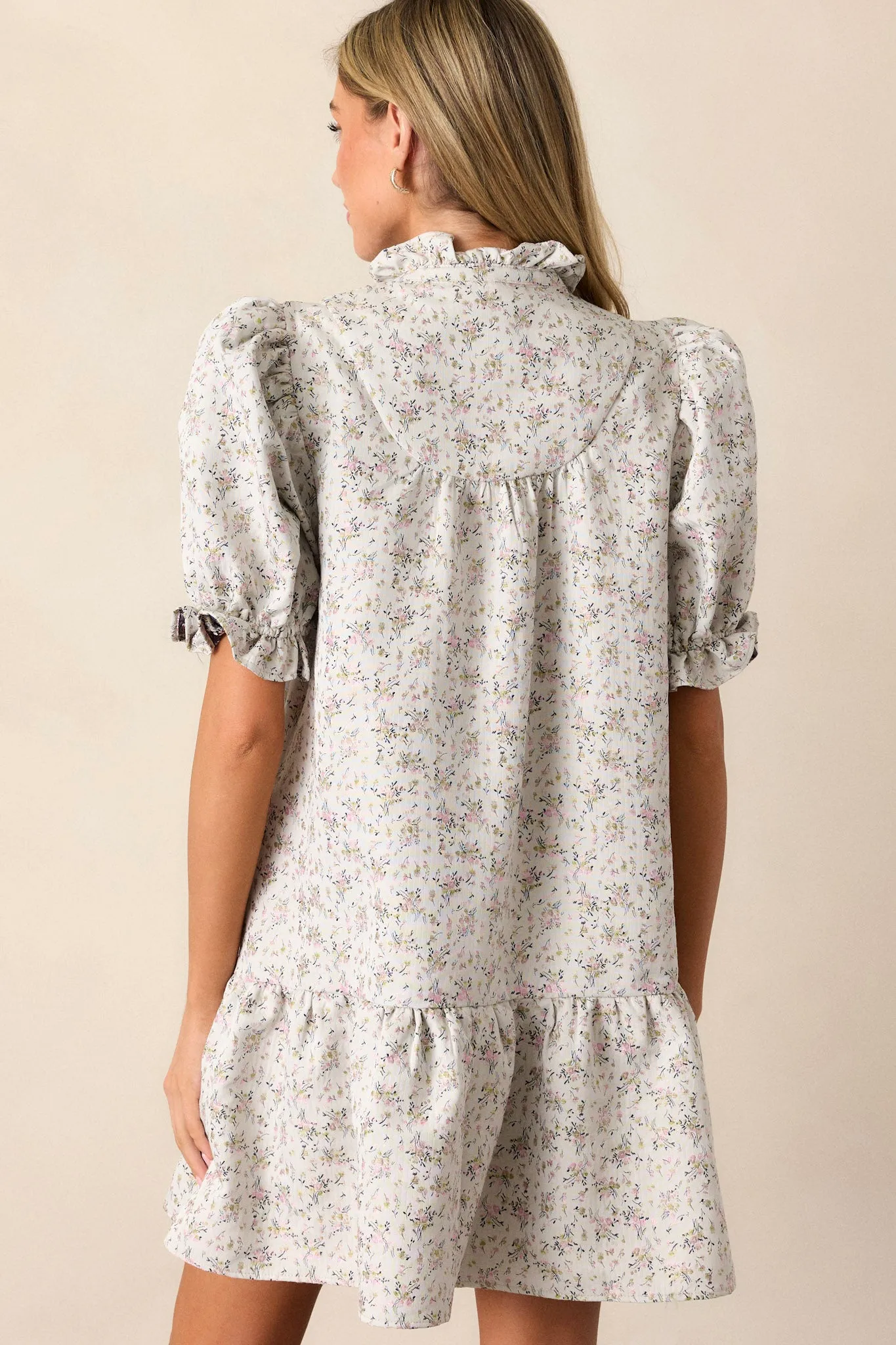 Open Path Almond Floral Puff Sleeve Mini Dress