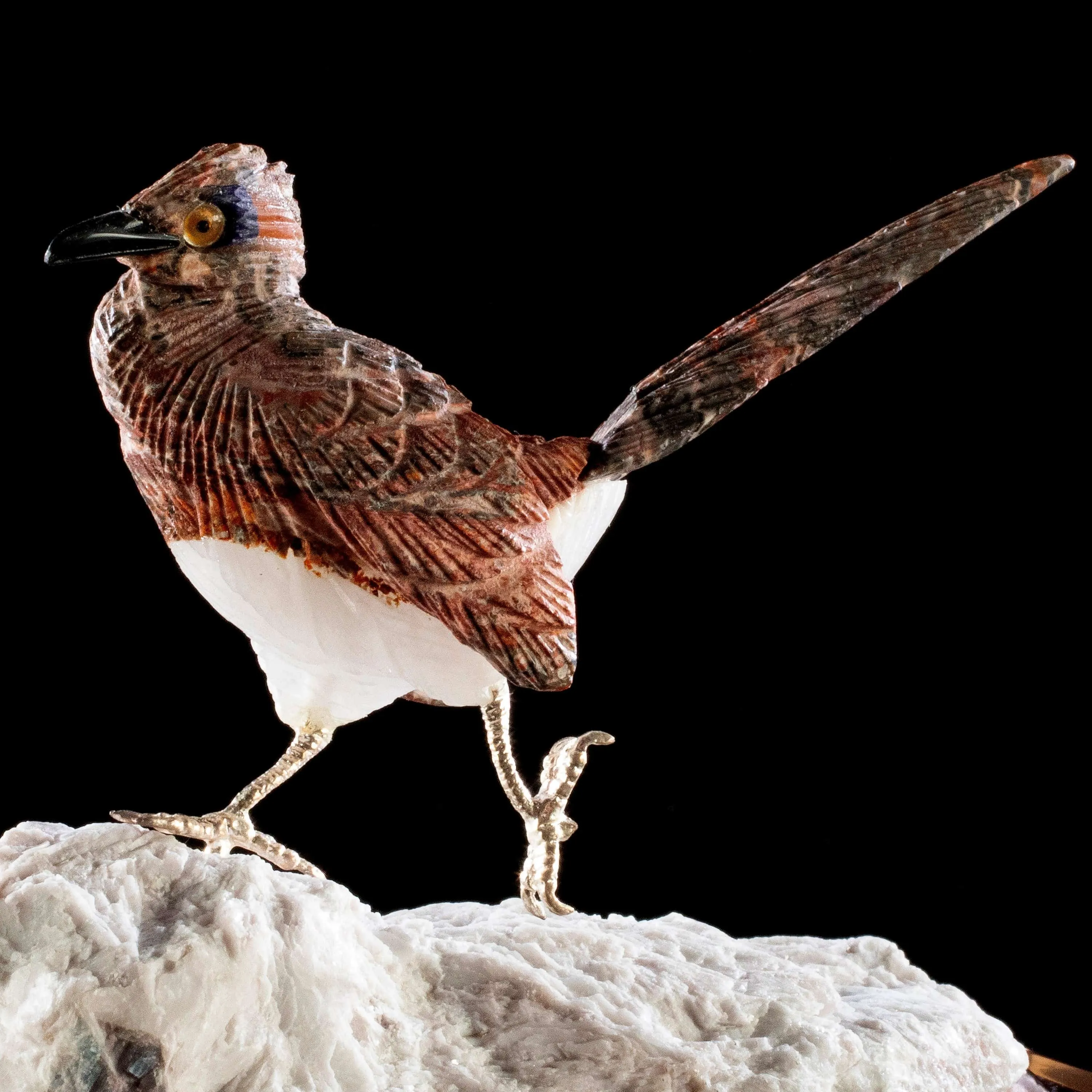 Peter Muller Leopardskin Jasper Roadrunner Love Birds Carving on Calcite & Tourmaline Base