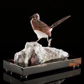 Peter Muller Leopardskin Jasper Roadrunner Love Birds Carving on Calcite & Tourmaline Base