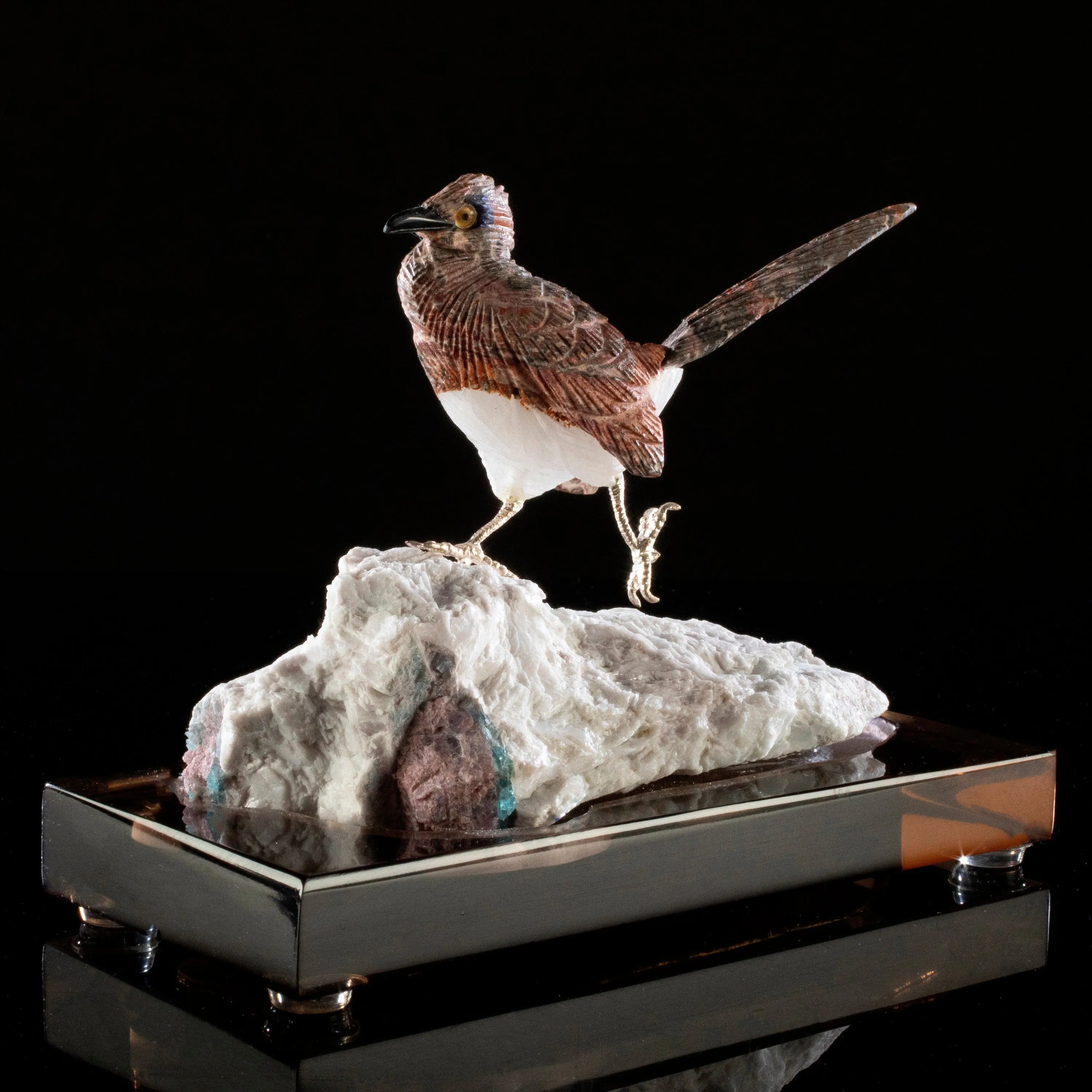 Peter Muller Leopardskin Jasper Roadrunner Love Birds Carving on Calcite & Tourmaline Base