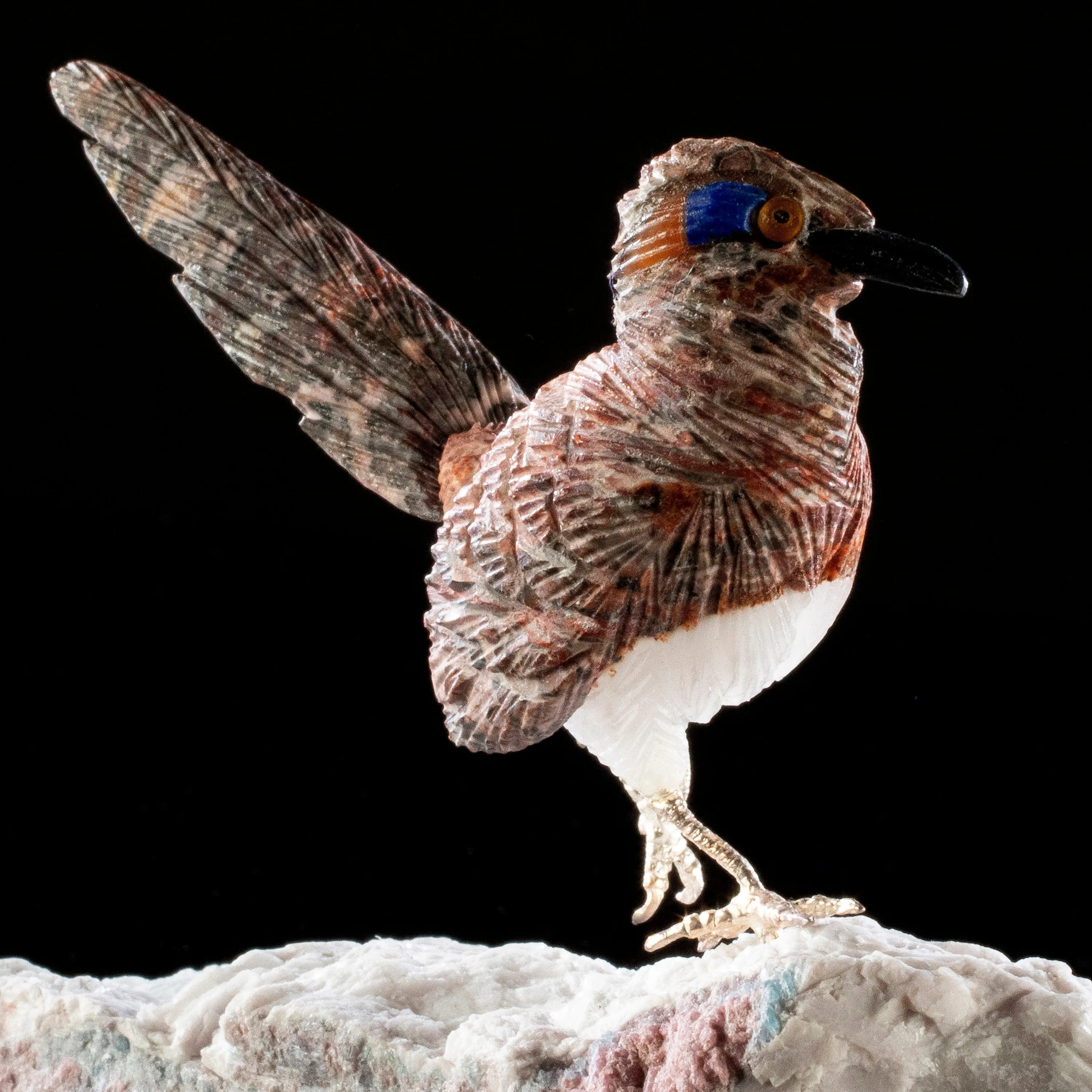 Peter Muller Leopardskin Jasper Roadrunner Love Birds Carving on Calcite & Tourmaline Base