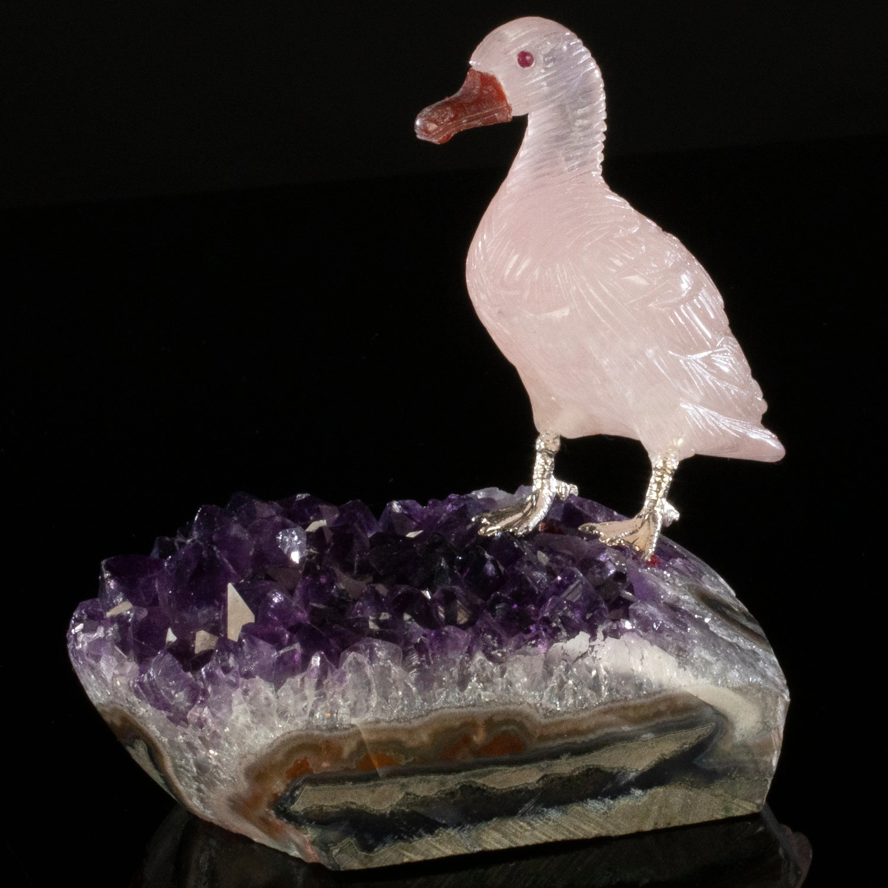 Peter Muller Rose Quartz Duck Love Bird Carving on Amethyst Base