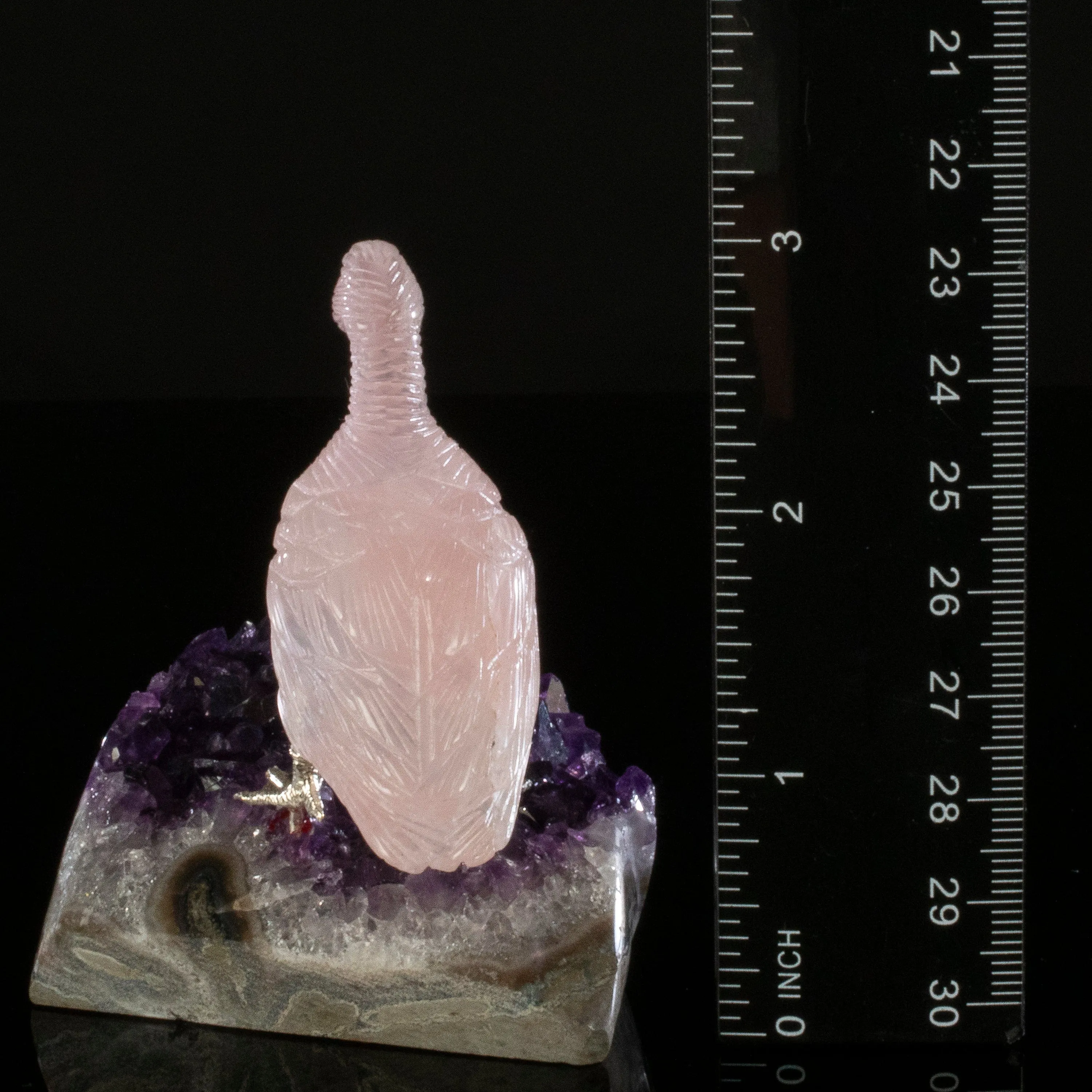 Peter Muller Rose Quartz Duck Love Bird Carving on Amethyst Base