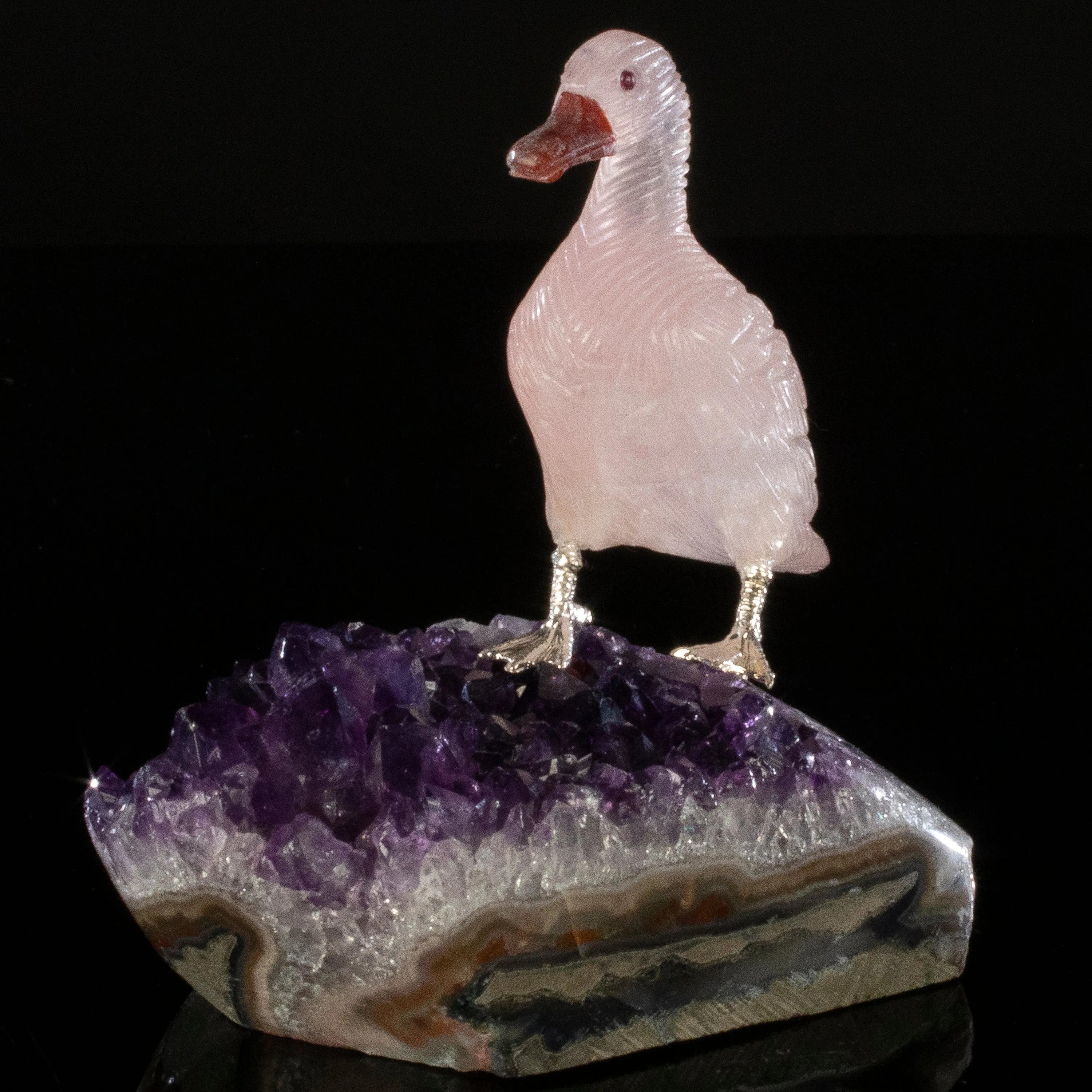 Peter Muller Rose Quartz Duck Love Bird Carving on Amethyst Base