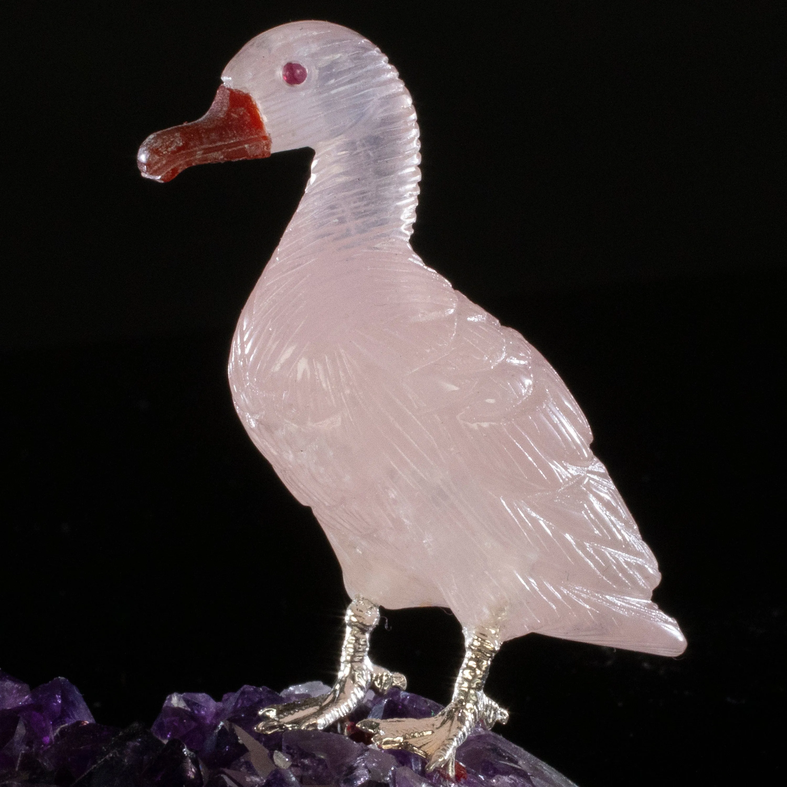 Peter Muller Rose Quartz Duck Love Bird Carving on Amethyst Base