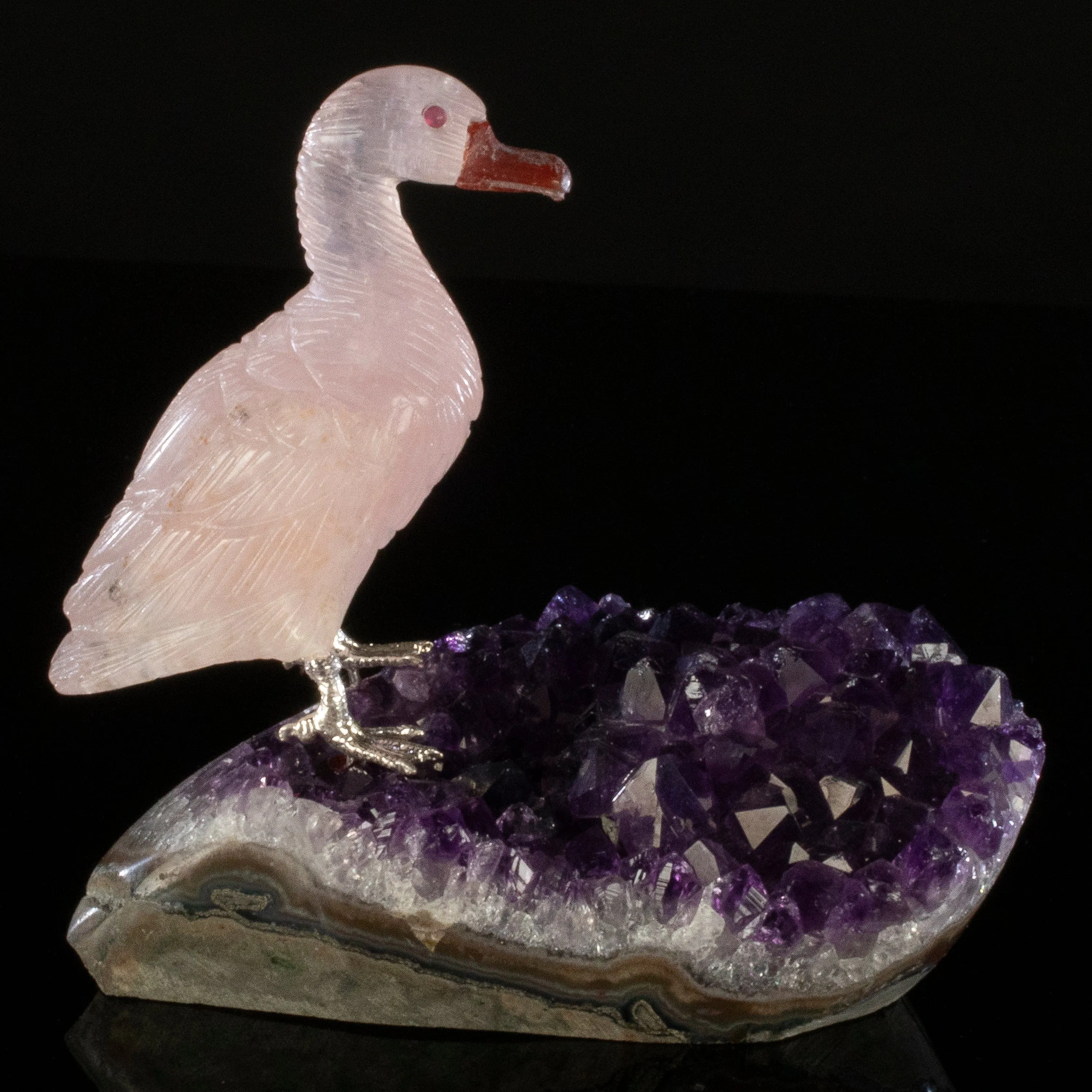 Peter Muller Rose Quartz Duck Love Bird Carving on Amethyst Base