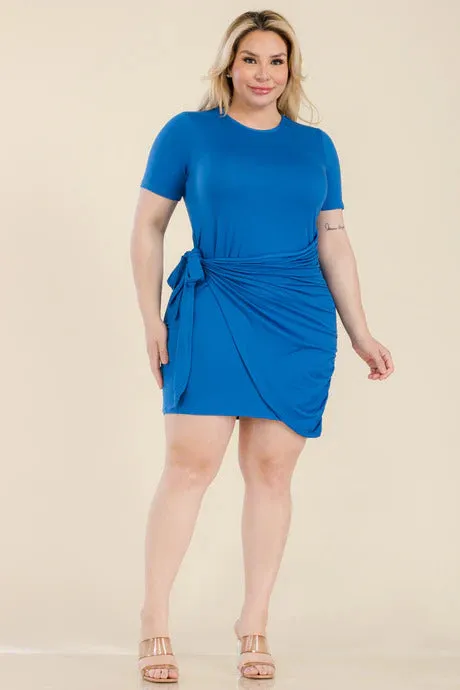 Plus Size Solid Wrap Front Tie Side Short Sleeve Mini Dress