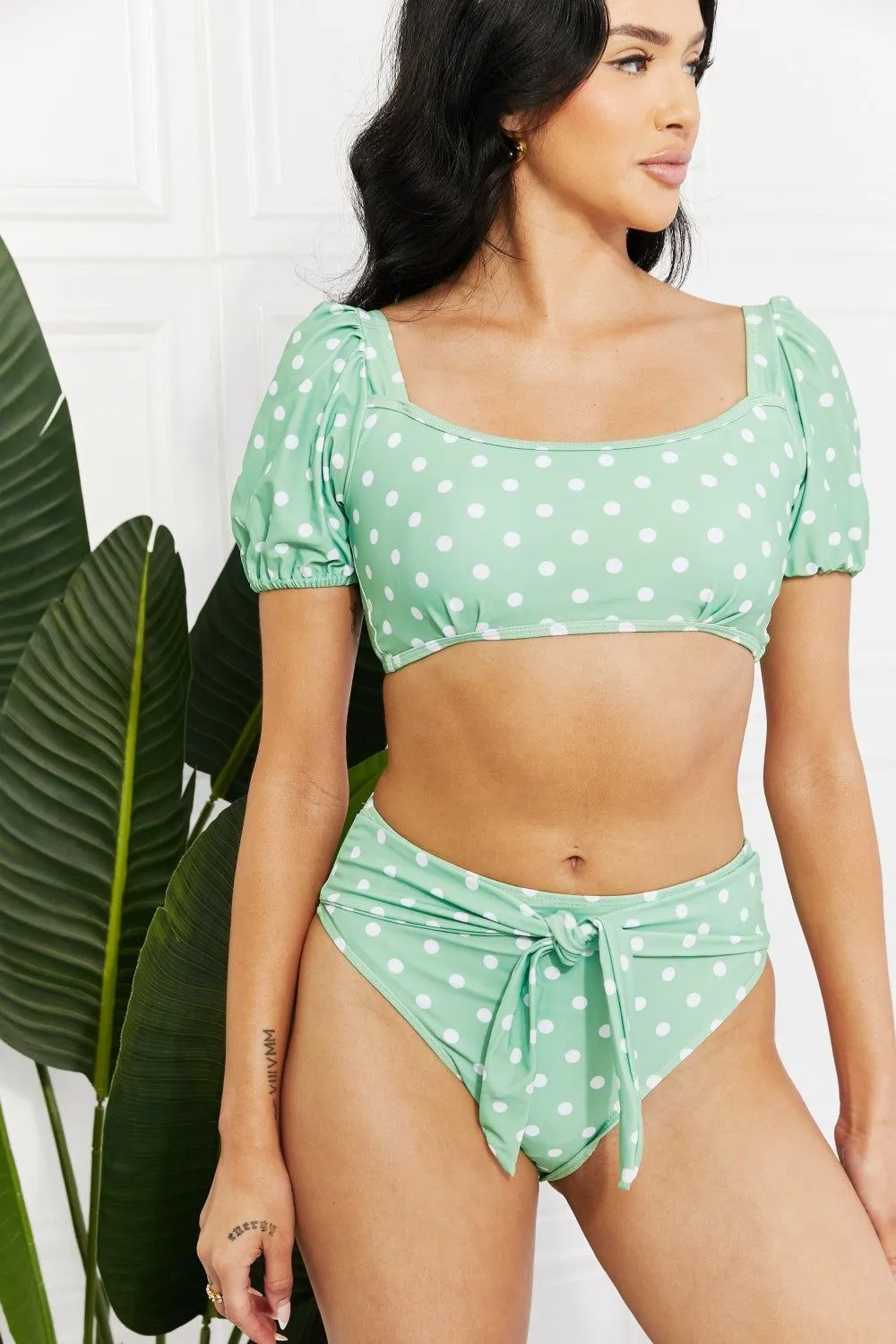 Polka Dot Puff Sleeve Bikini in Gum Leaf