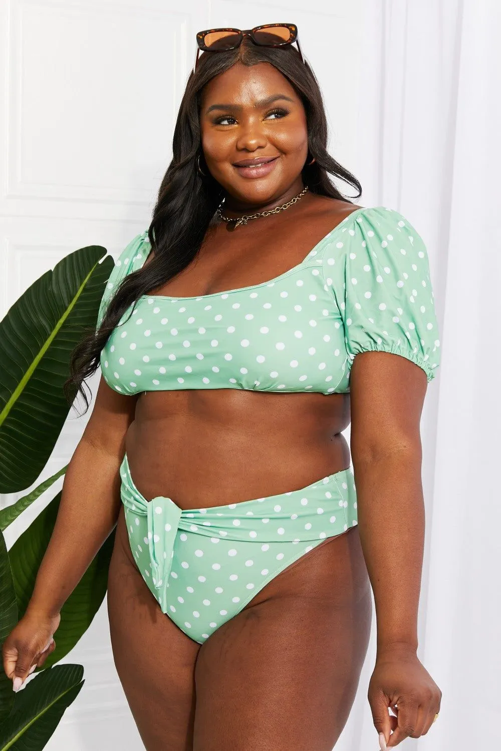 Polka Dot Puff Sleeve Bikini in Gum Leaf