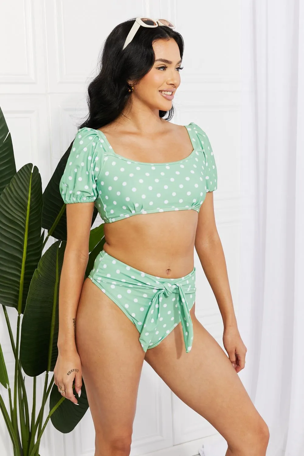 Polka Dot Puff Sleeve Bikini in Gum Leaf