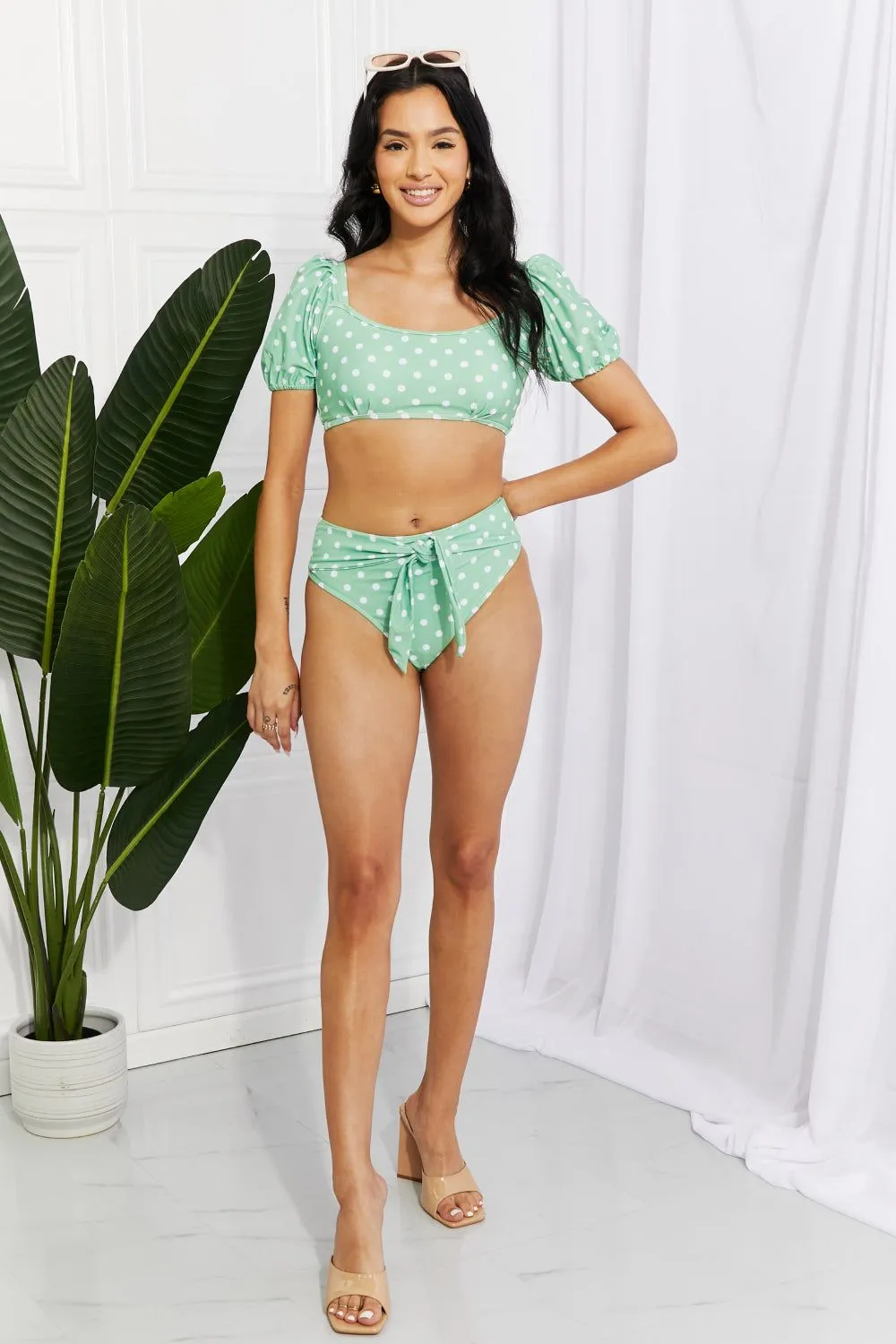 Polka Dot Puff Sleeve Bikini in Gum Leaf