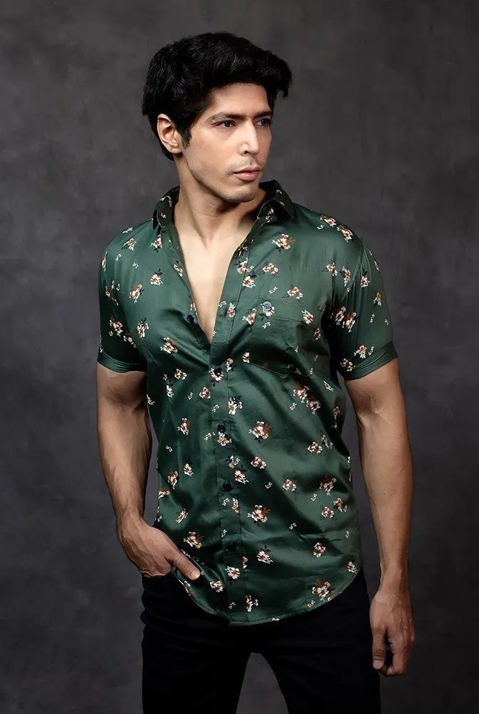 Printed Half Sleeve Shirt - Men Cotton Green Printed Shirt