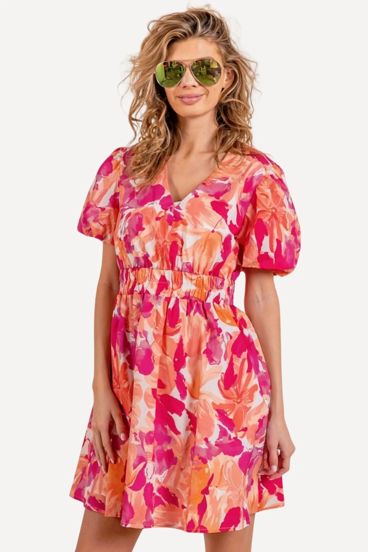 Puff Sleeve Floral Mini Dress - Pink