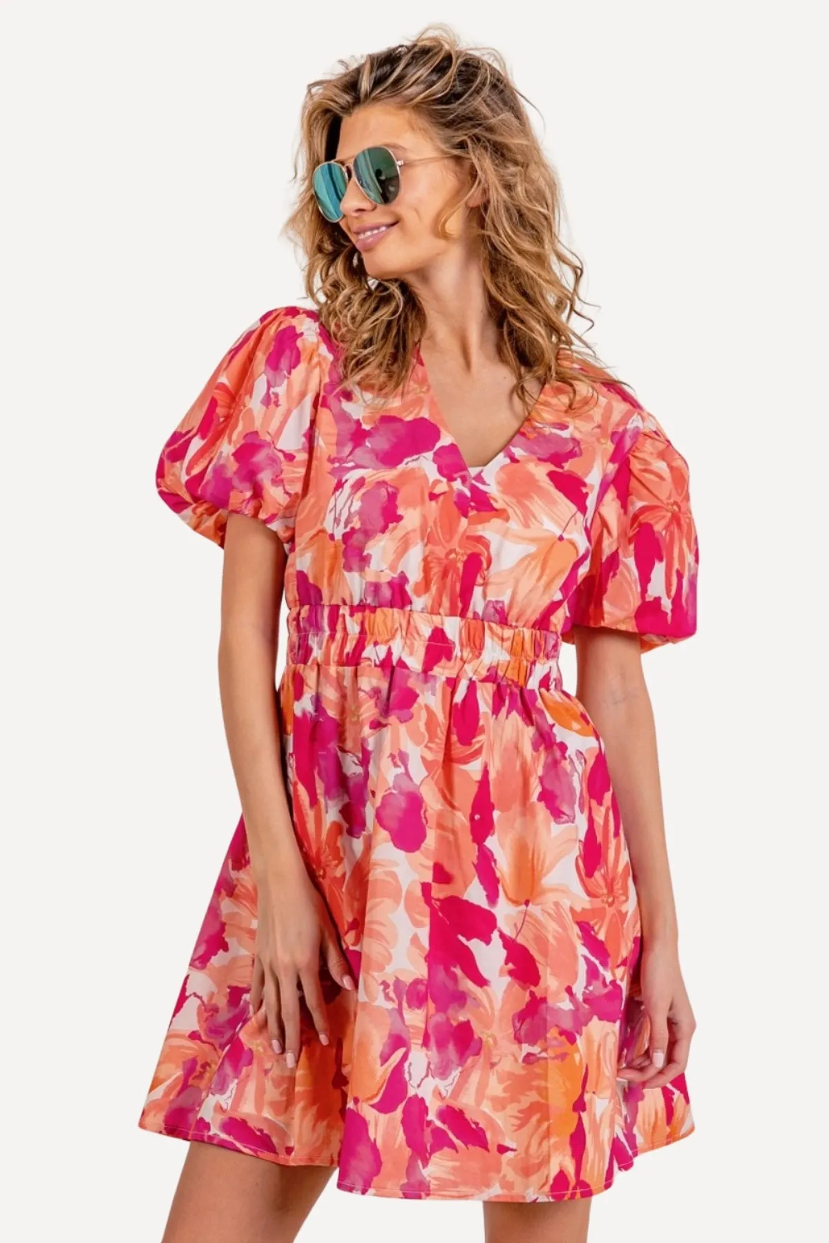 Puff Sleeve Floral Mini Dress - Pink