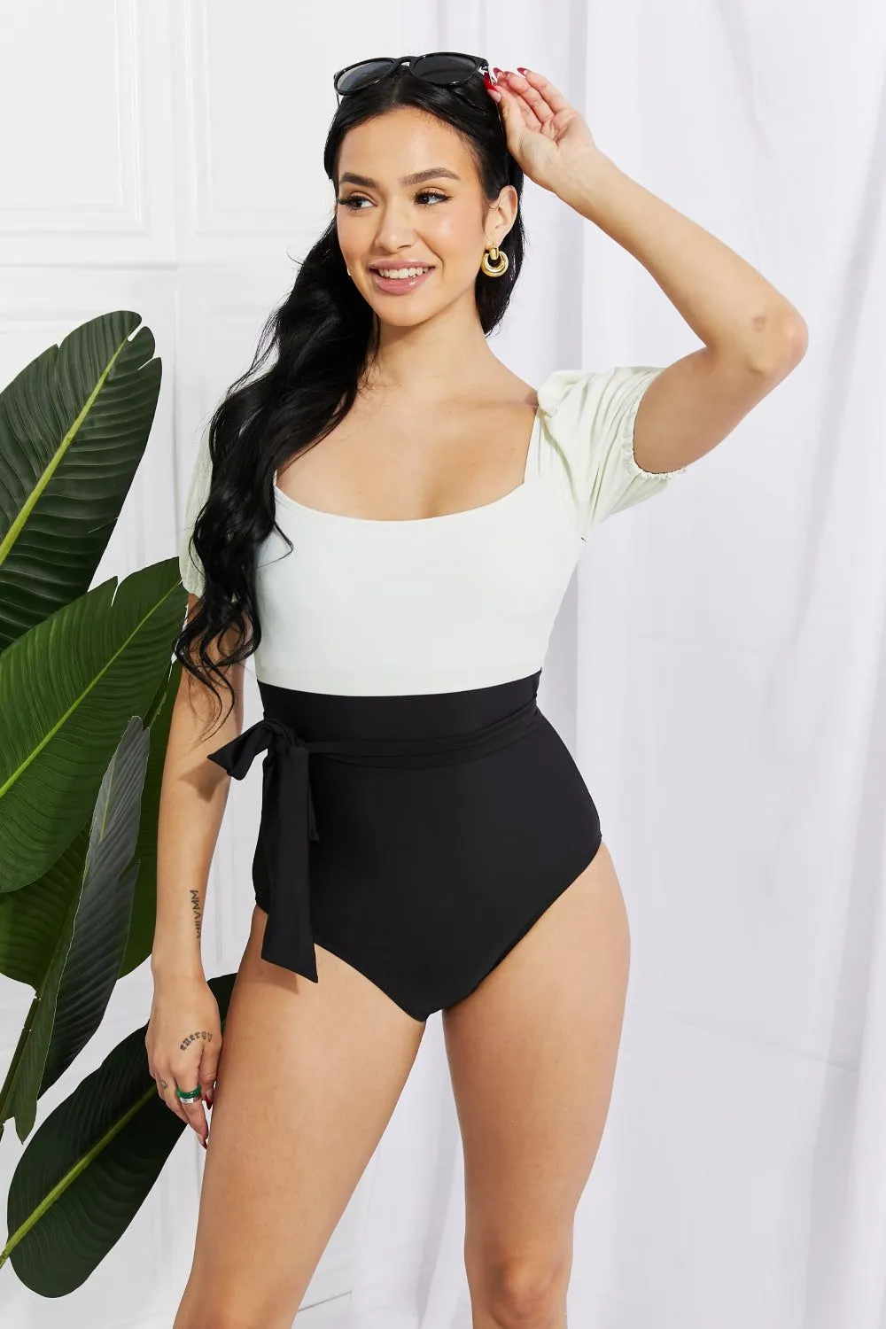 Puff Sleeve One-Piece in Cream/Black