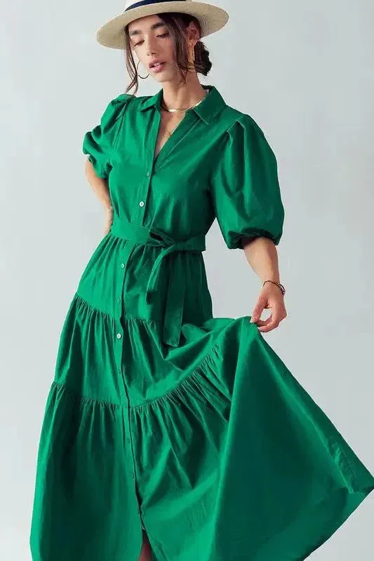 Puff Sleeve Tiered Dress in Green