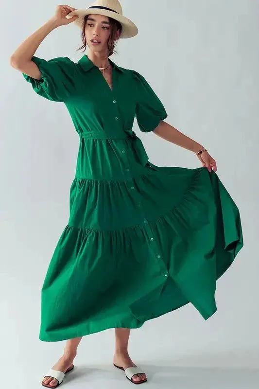 Puff Sleeve Tiered Dress in Green