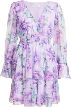 QUIZ Purple Lilac Chiffon Floral Tiered Long Sleeve Mini Dress UK 10