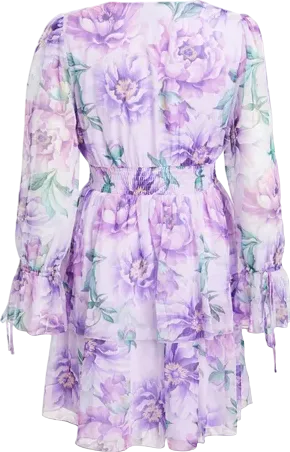 QUIZ Purple Lilac Chiffon Floral Tiered Long Sleeve Mini Dress UK 10