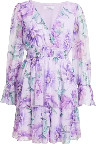 QUIZ Purple Lilac Chiffon Floral Tiered Long Sleeve Mini Dress UK 10